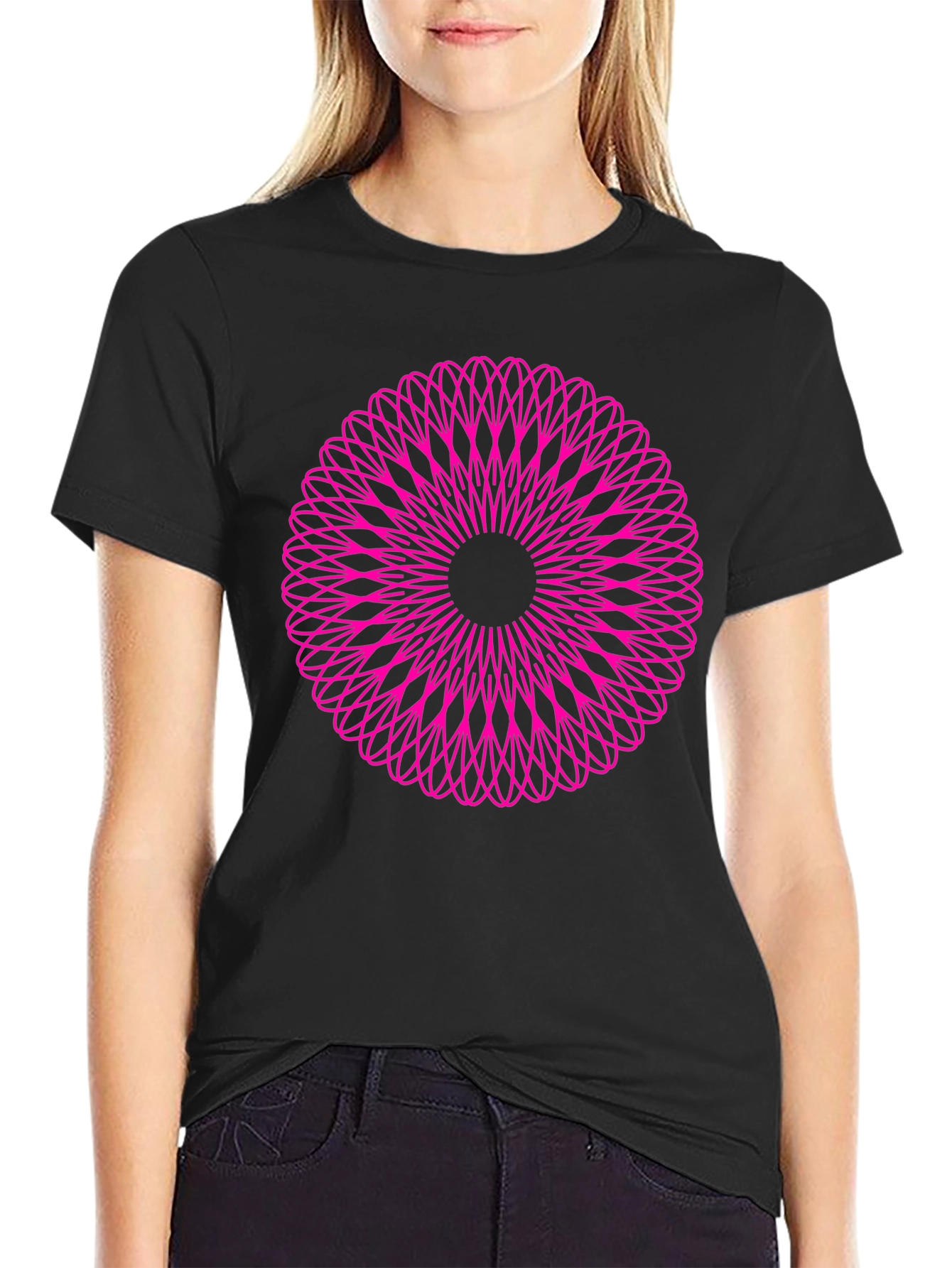 Abstract Pink Mandala Graphic Black T-Shirt