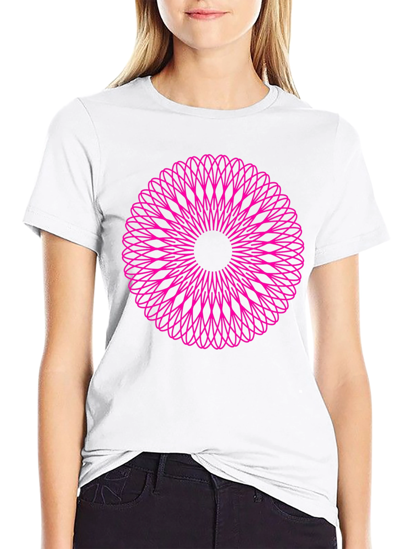 Abstract Pink Mandala Graphic Black T-Shirt