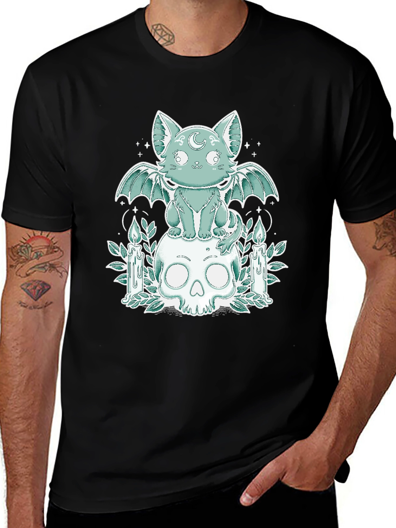 Gothic Cat Bat Wings Skull T-Shirt
