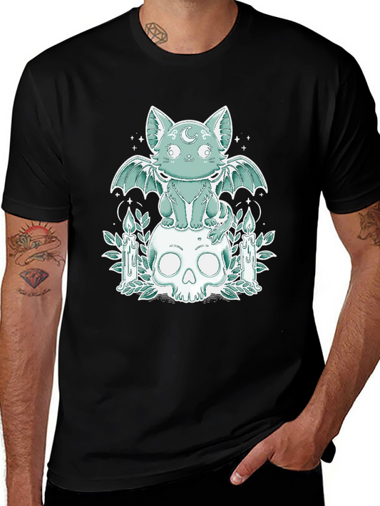 Gothic Cat Bat Wings Skull T-Shirt