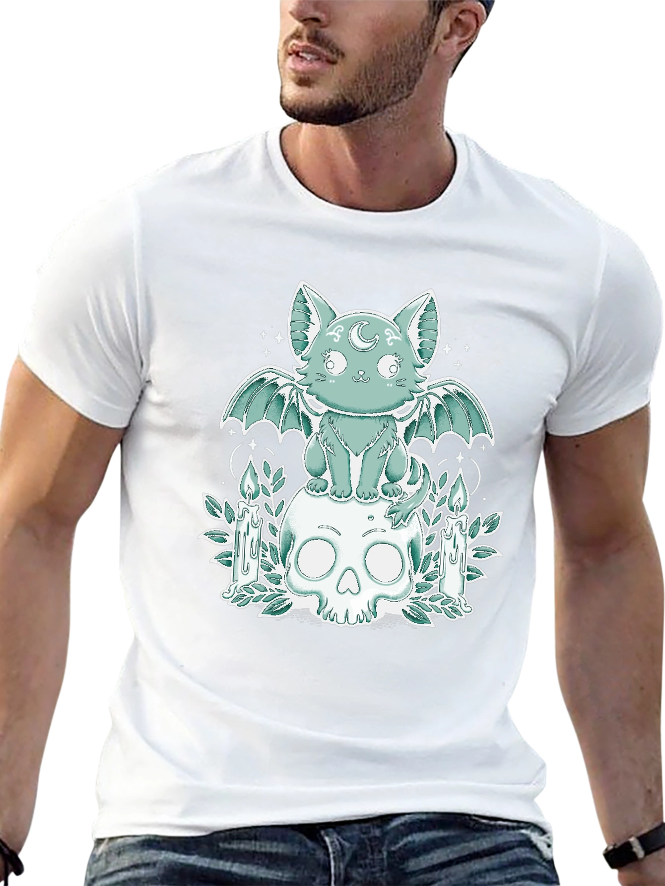 Gothic Cat Bat Wings Skull T-Shirt
