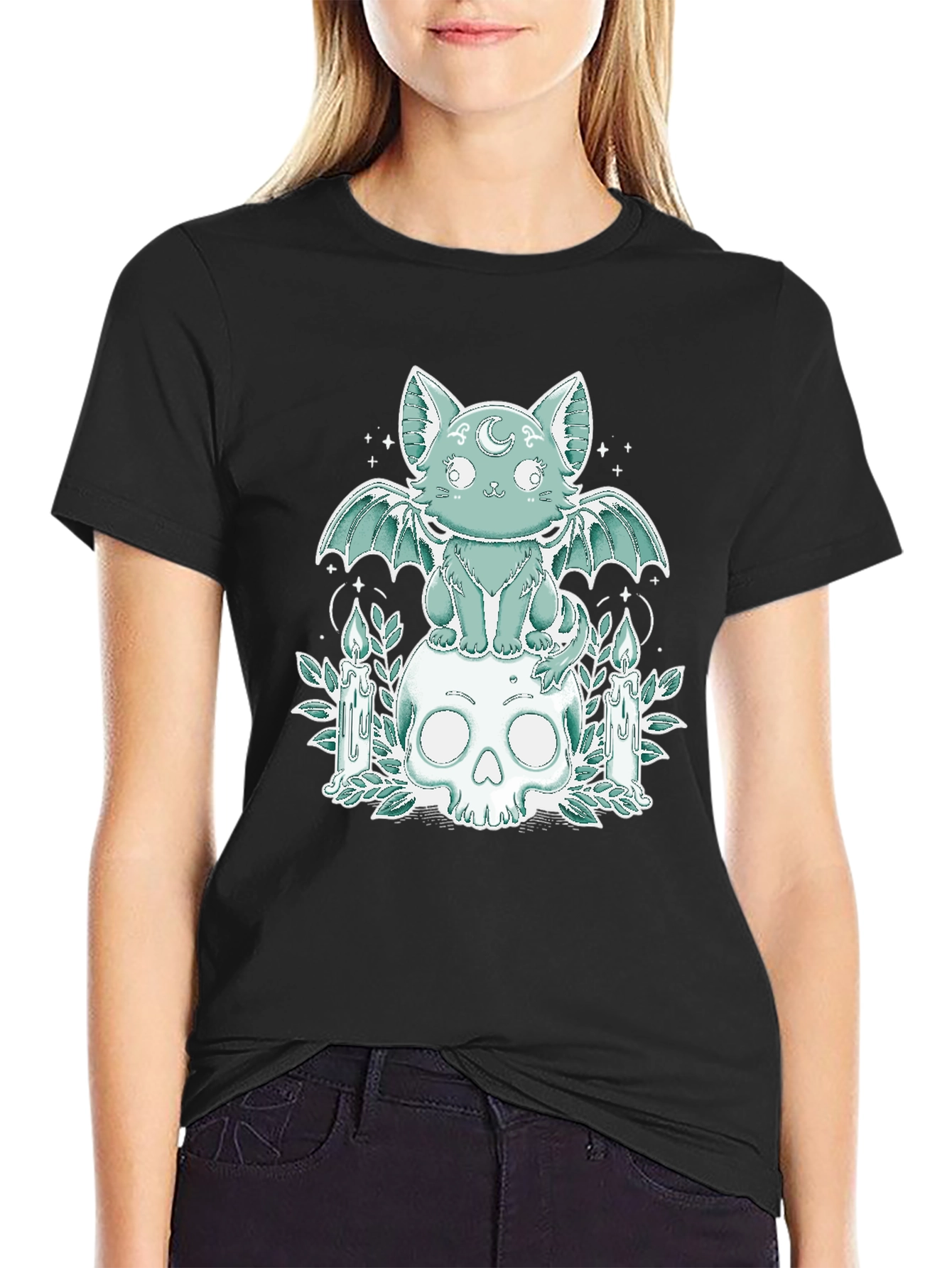Gothic Cat Bat Wings Skull T-Shirt