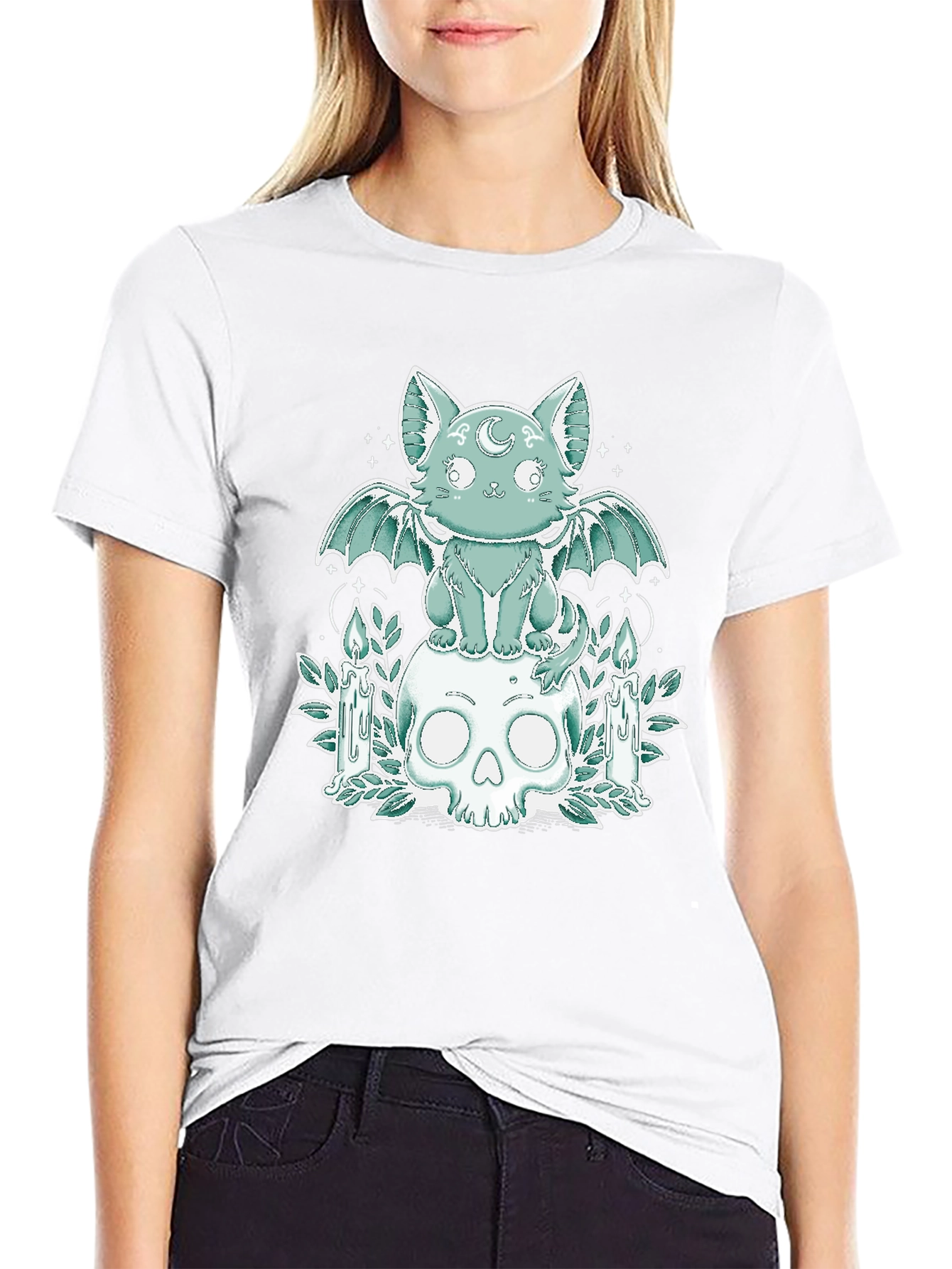 Gothic Cat Bat Wings Skull T-Shirt