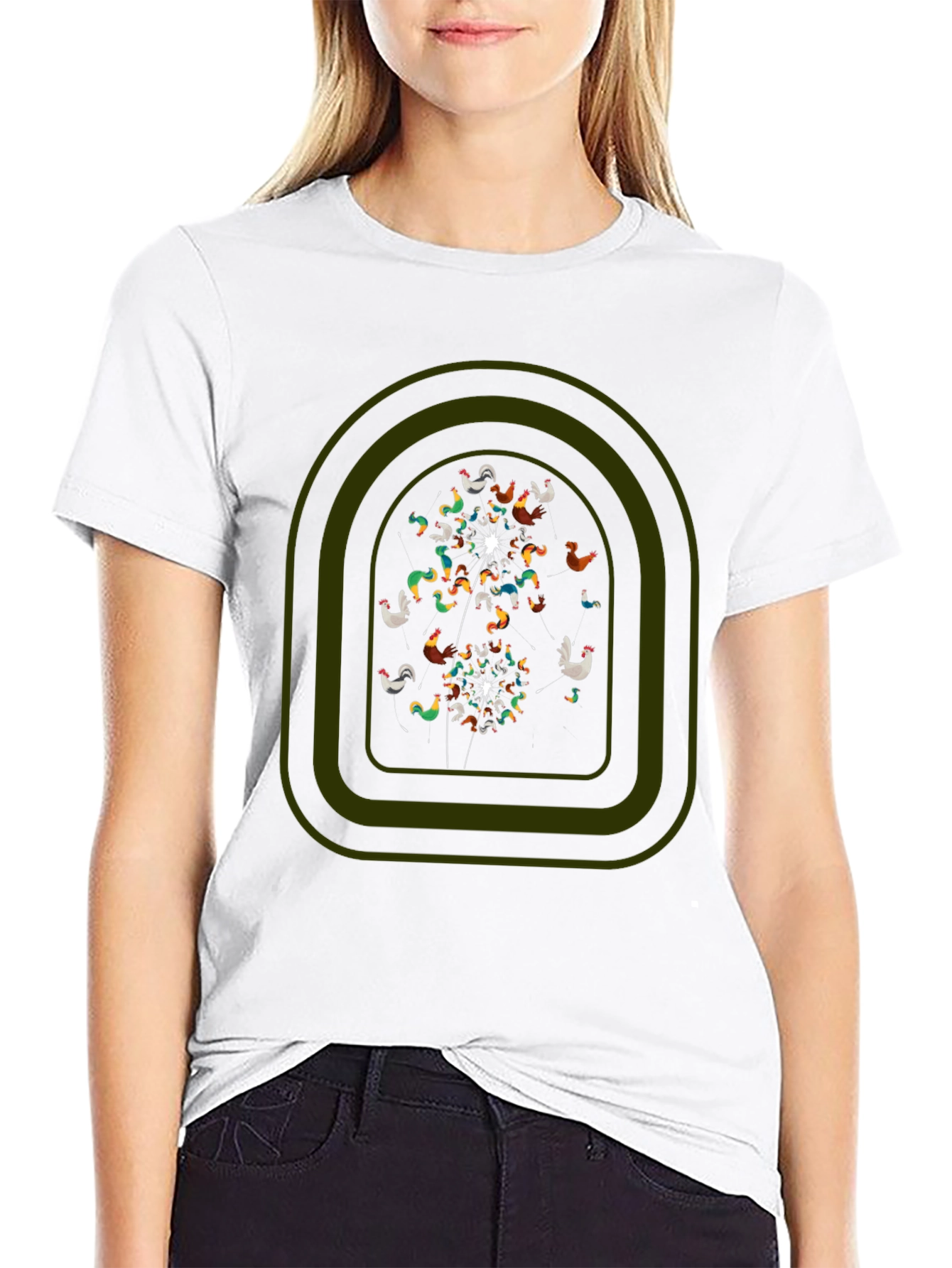 Whimsical Chicken Dandelion Graphic Tee - Black