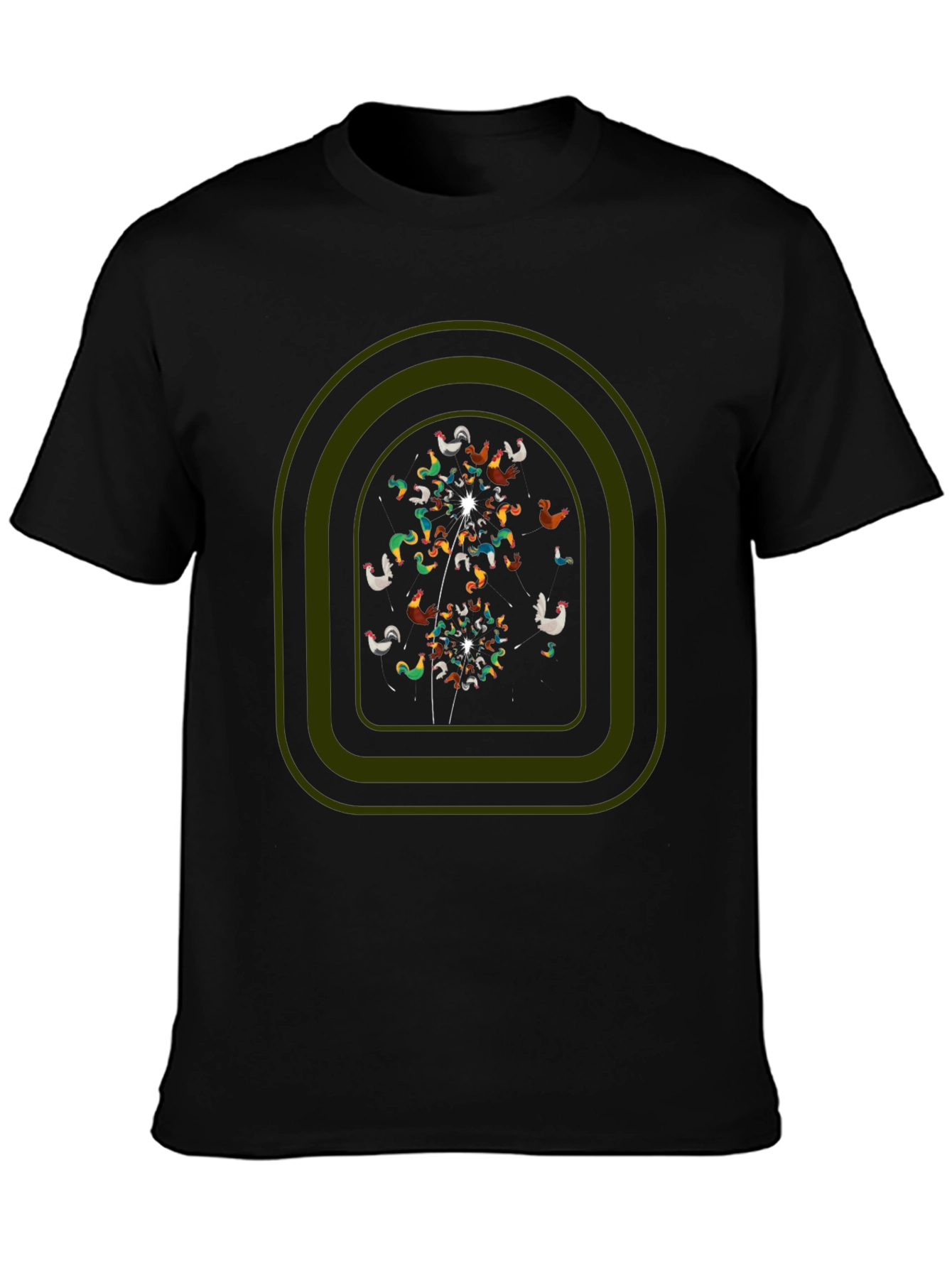 Whimsical Chicken Dandelion Graphic Tee - Black