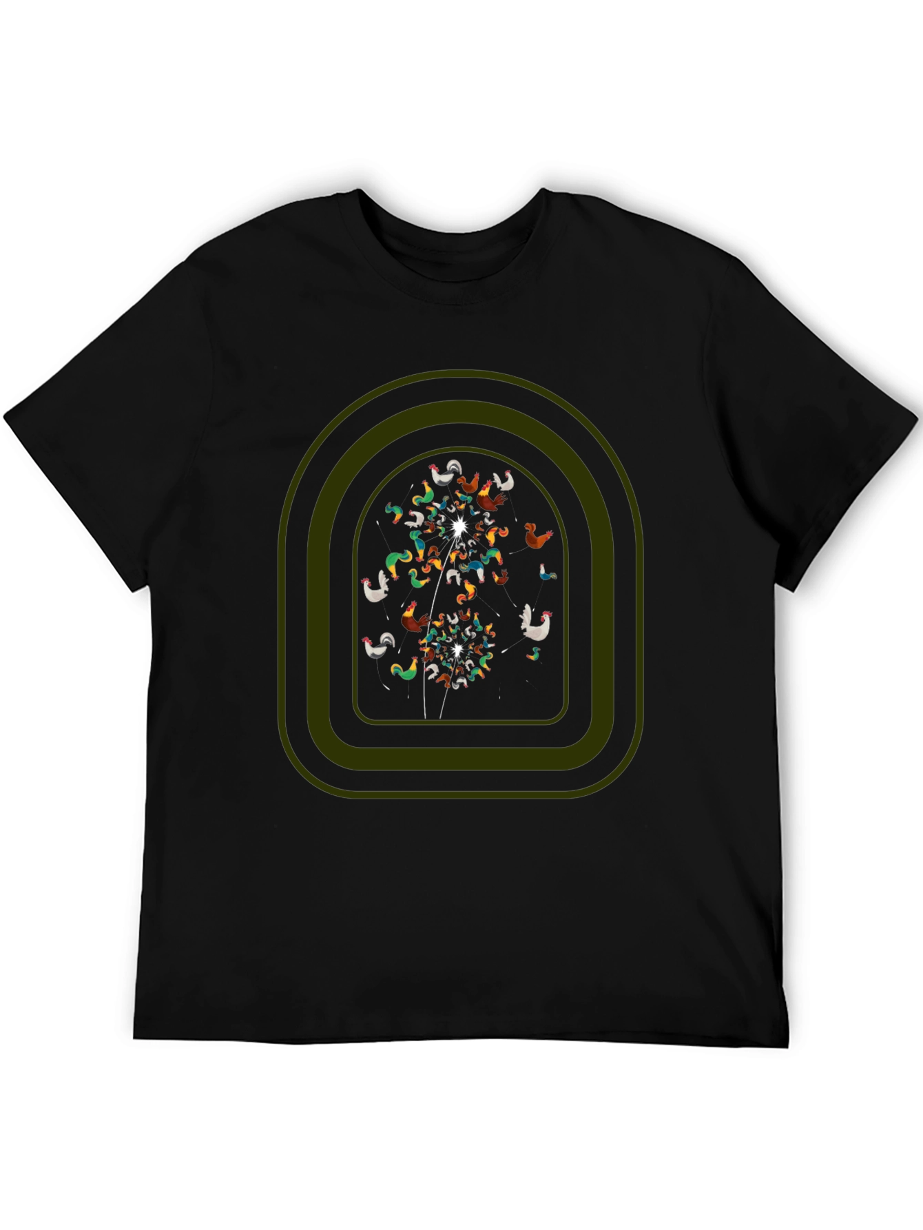 Whimsical Chicken Dandelion Graphic Tee - Black