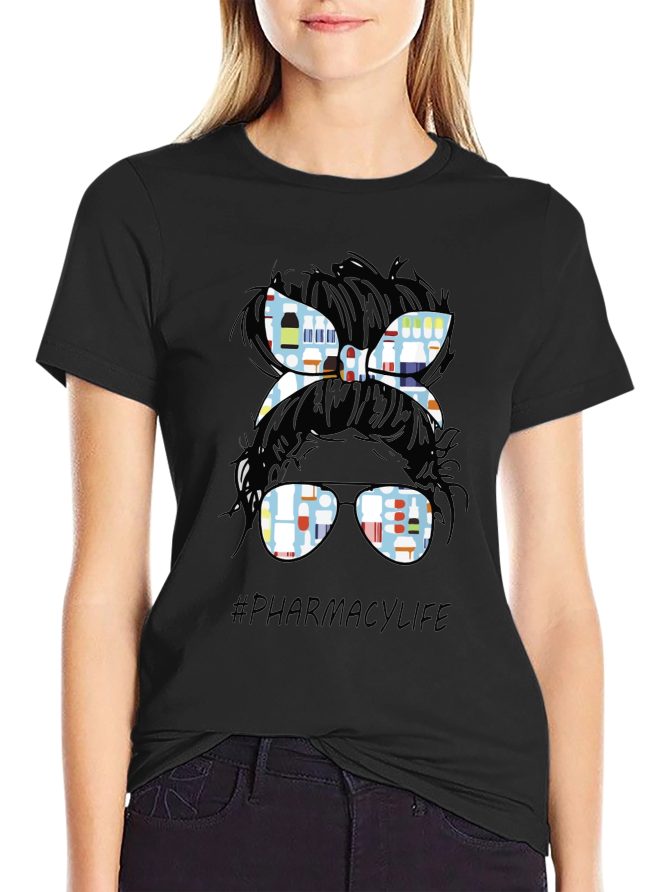 Pharmacy Life Messy Bun T-Shirt - Black