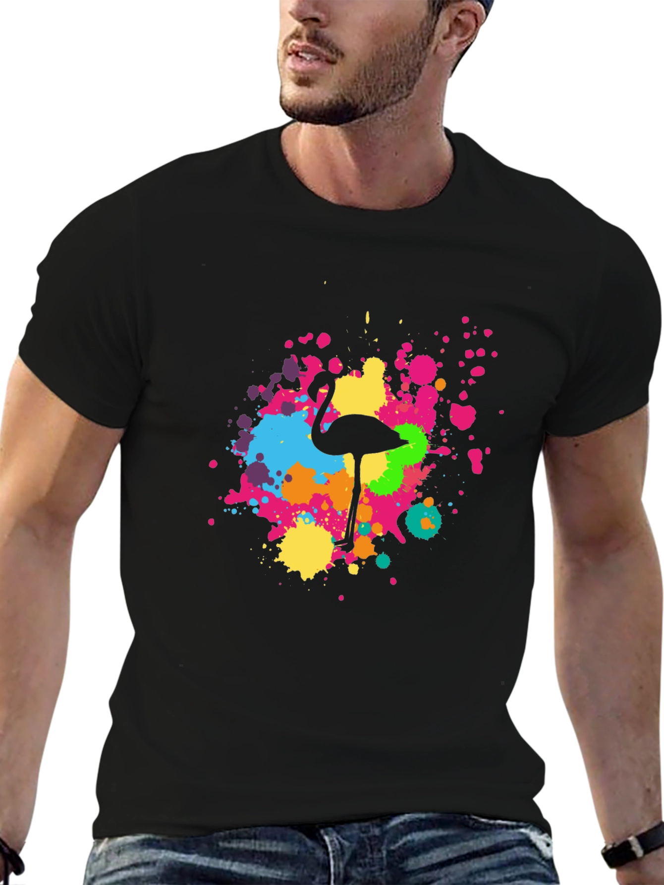 Flamingo Splatter Tee - Black Graphic T-Shirt