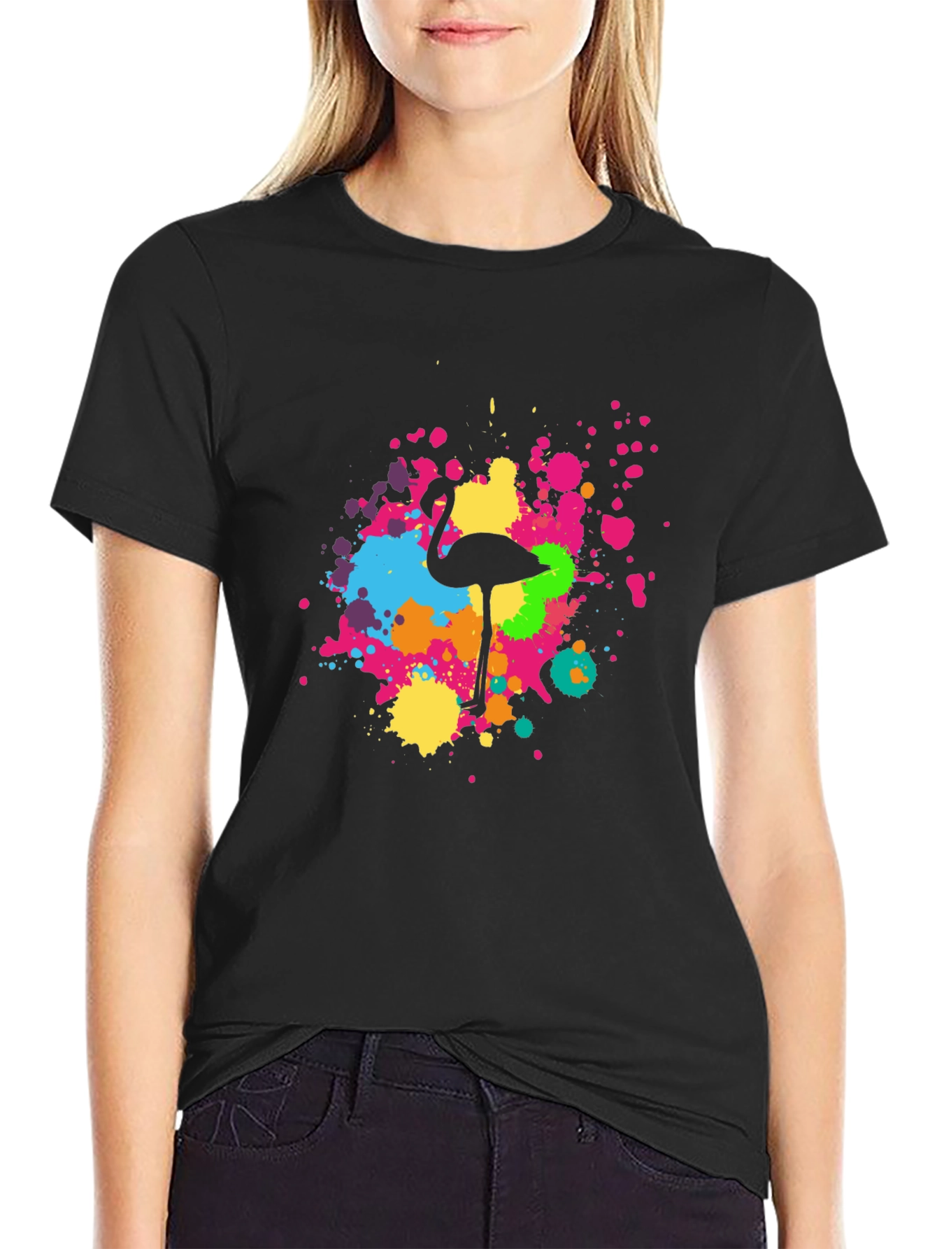 Flamingo Splatter Tee - Black Graphic T-Shirt