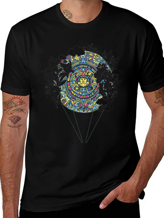 Aztec Calendar Graphic Print Black T-Shirt