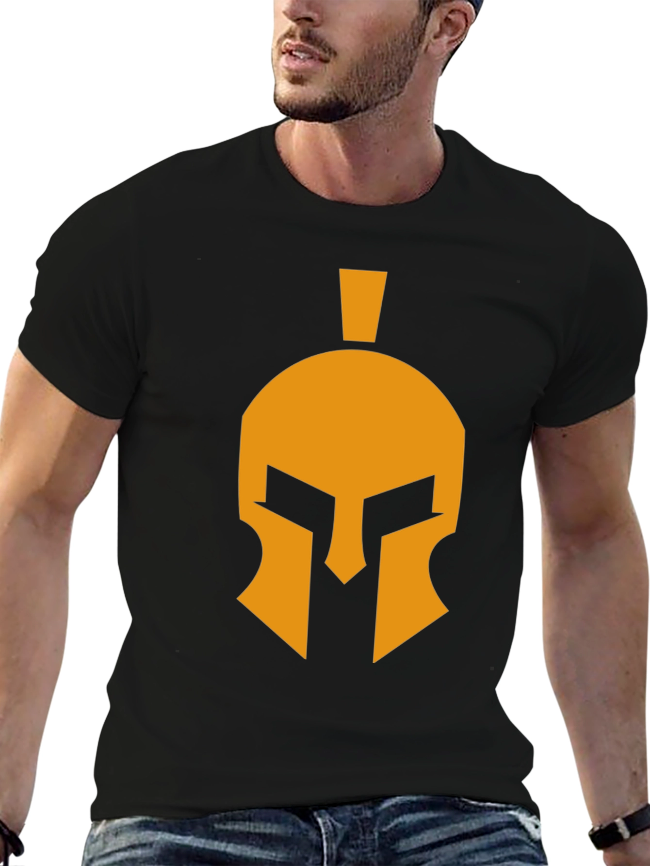 Spartan Helmet Graphic Tee - Black Cotton Casual T-Shirt