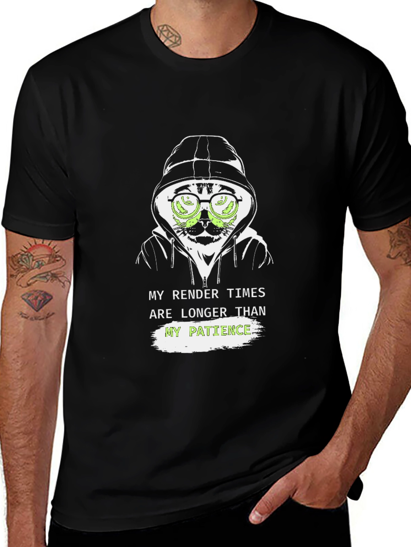 Funny Cat Hacker T-Shirt - Render Times & Patience