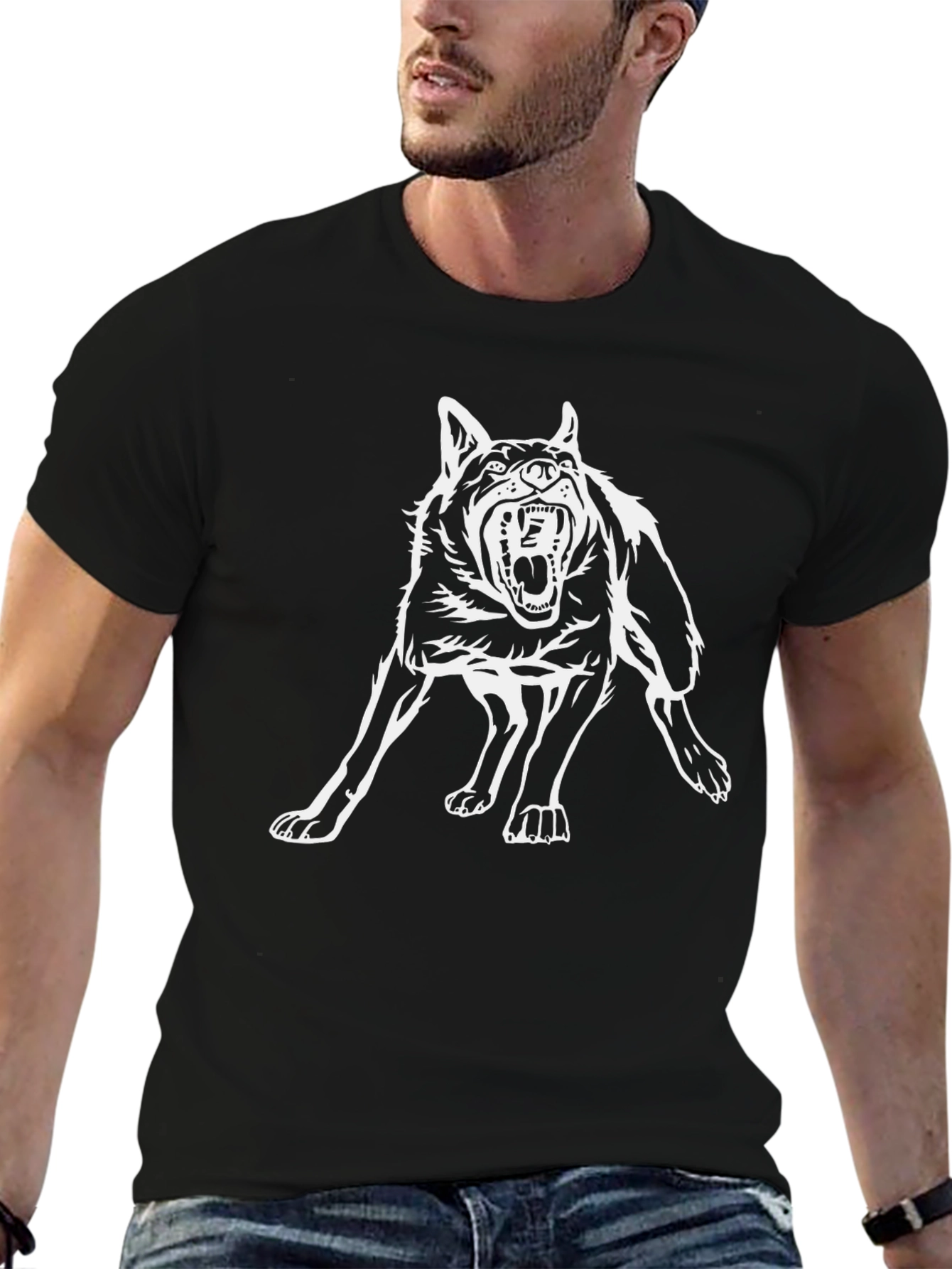 Black T-Shirt with Aggressive Wolf Graphic