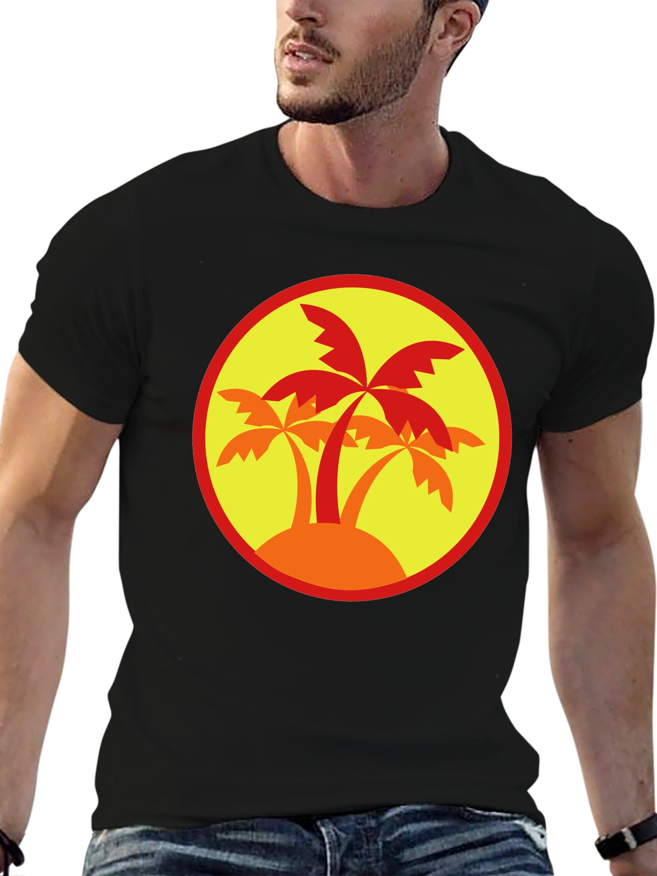 Palm Tree Graphic Tee - Black Round Neck