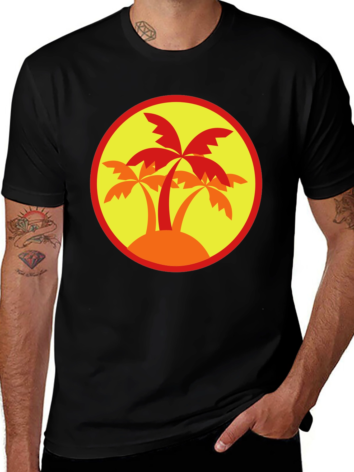 Palm Tree Graphic Tee - Black Round Neck