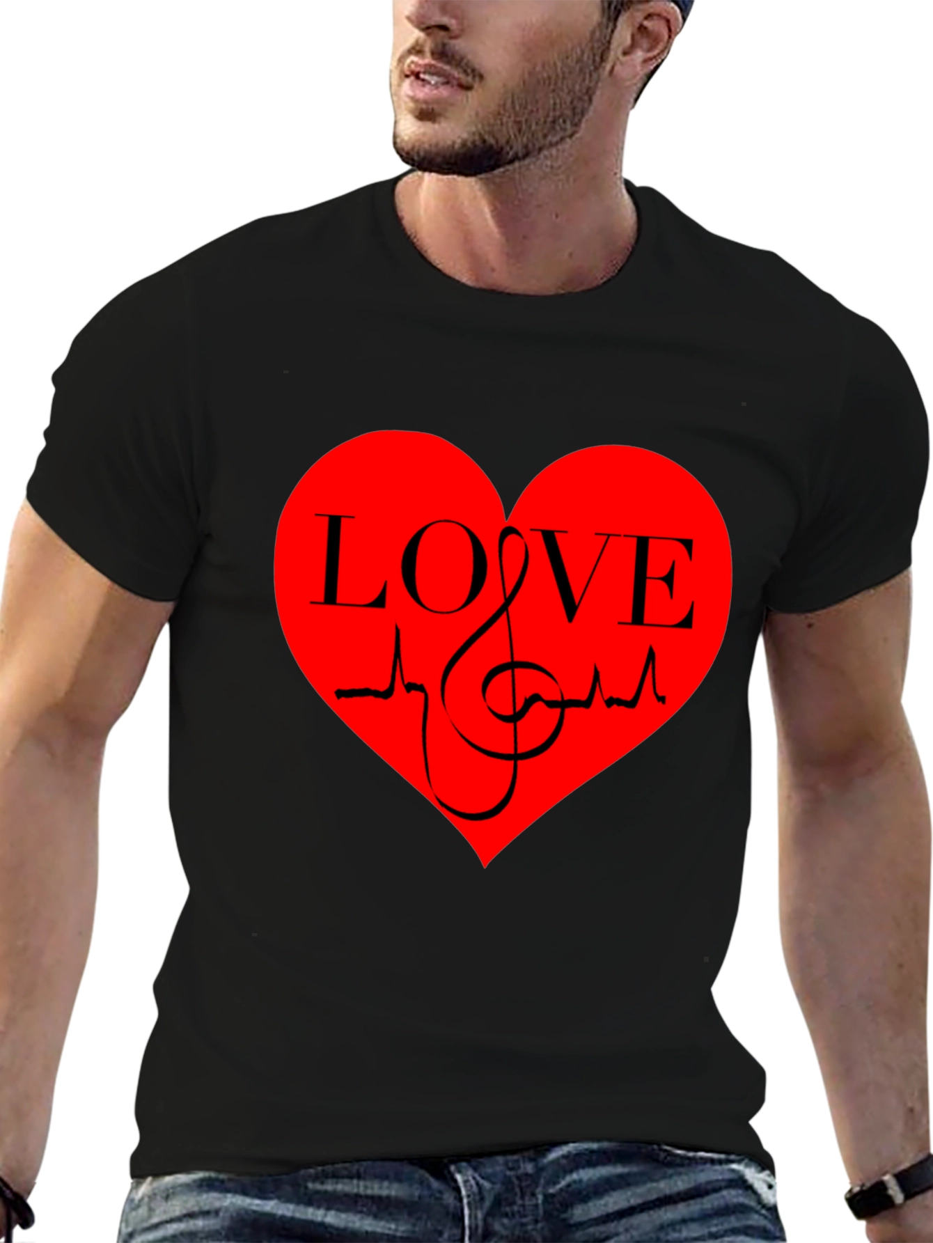 Love Music Heartbeat Graphic T-Shirt - Black