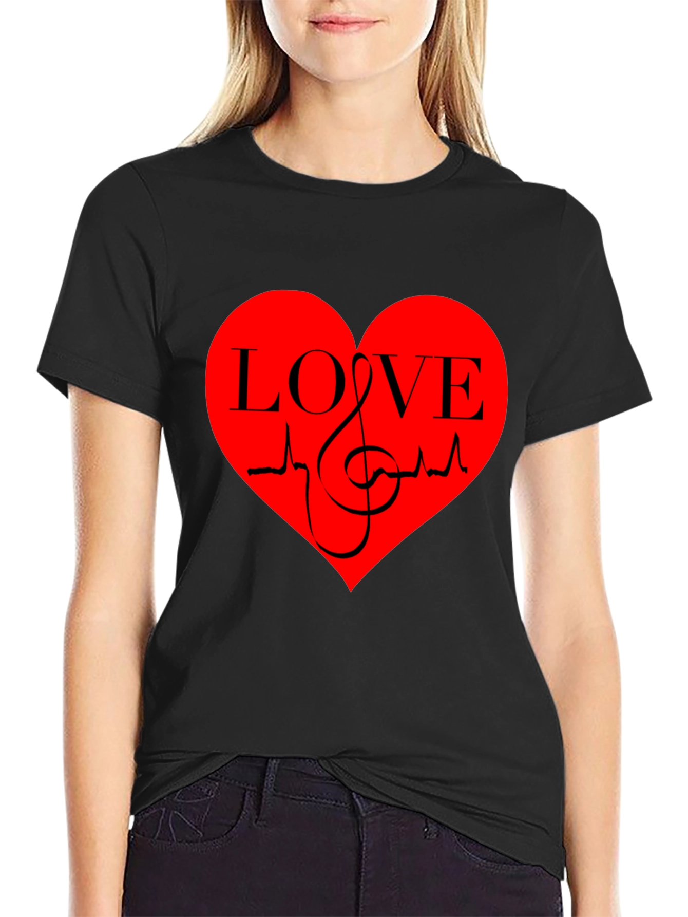 Love Music Heartbeat Graphic T-Shirt - Black