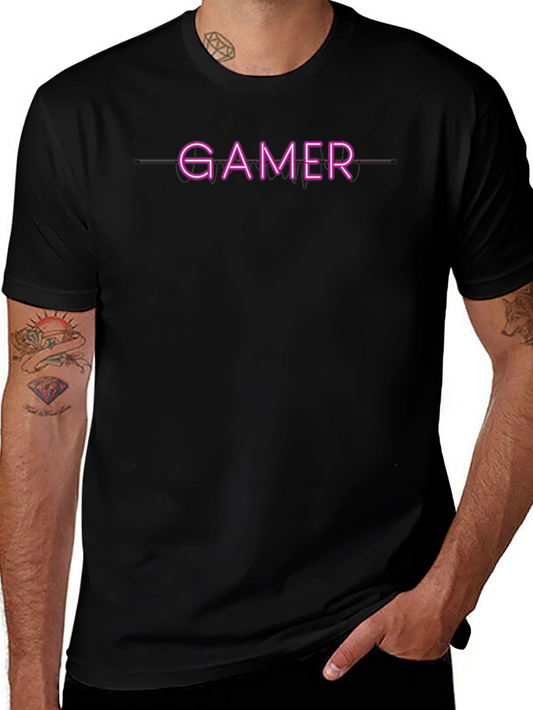 Gamer Neon Style Graphic Print Black T-Shirt