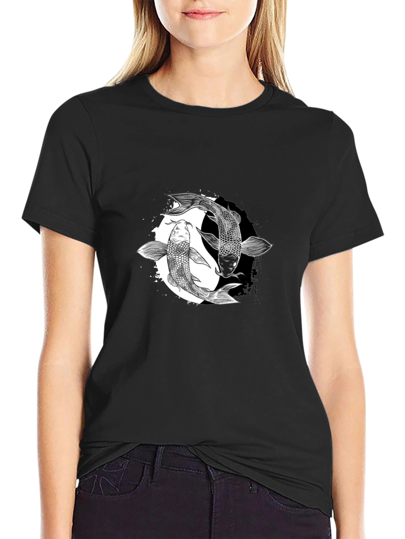 Yin Yang Koi Fish Graphic Tee - Black