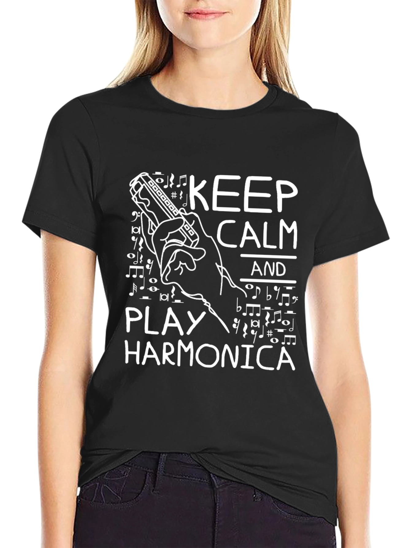 Keep Calm Play Harmonica Black Graphic Tee
