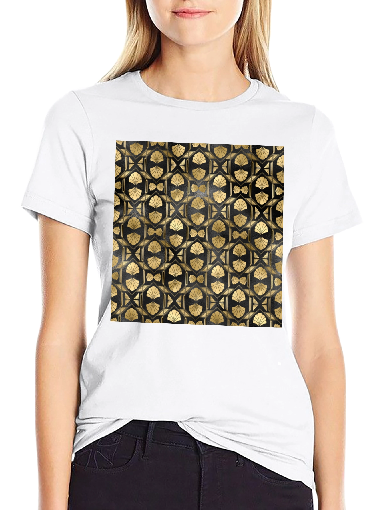Geometric Art Deco Pattern T-Shirt - Gold on Black