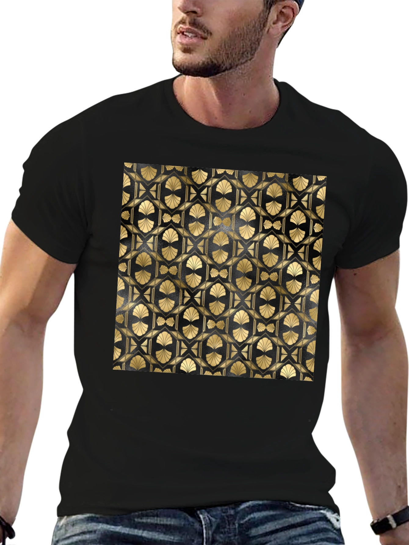 Geometric Art Deco Pattern T-Shirt - Gold on Black