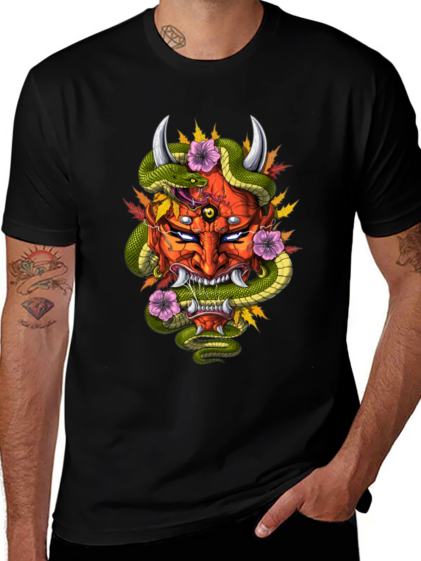 Mens Graphic Tee - Oni Mask & Snake