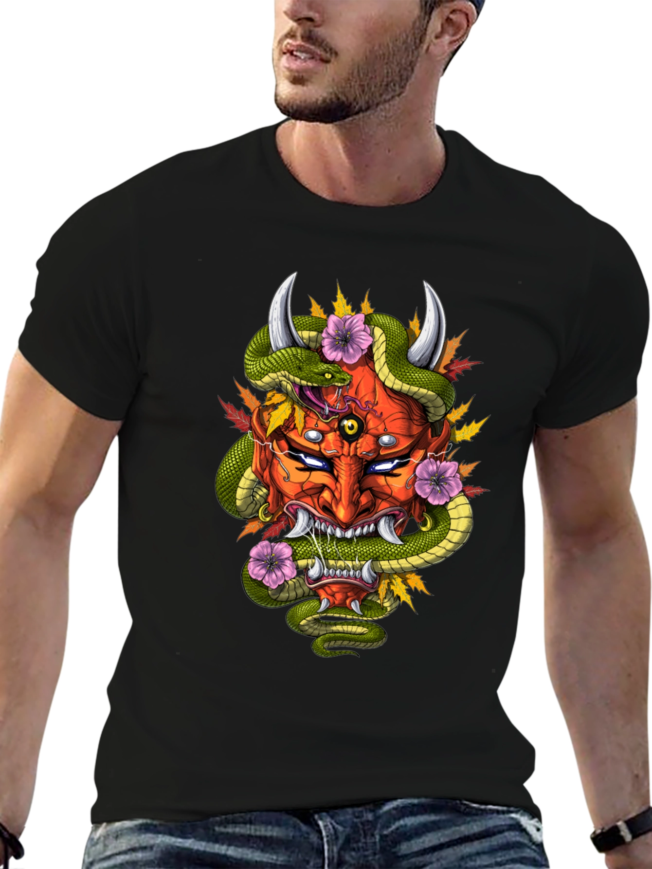 Mens Graphic Tee - Oni Mask & Snake