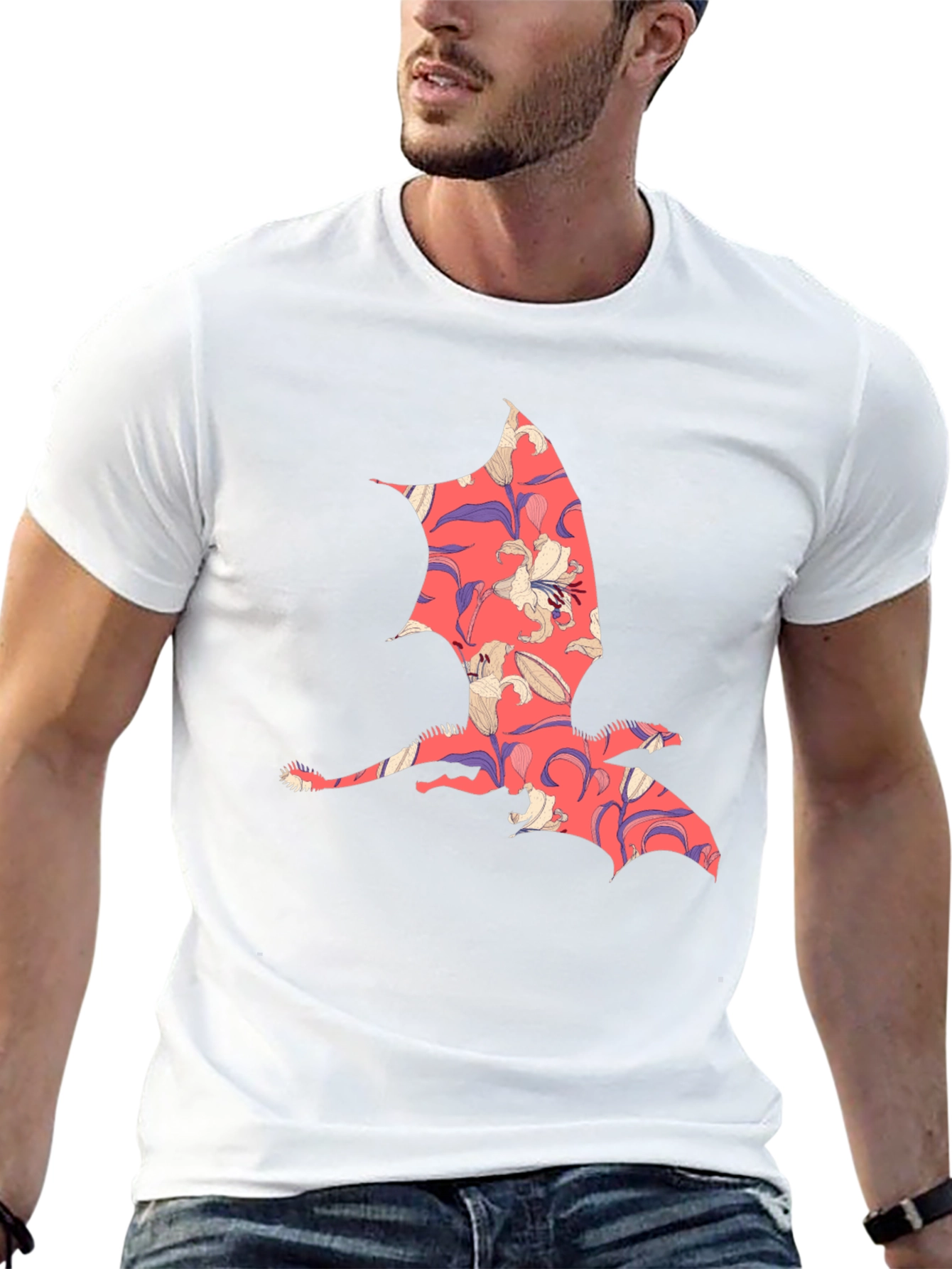 Floral Dragon Print Mens T-Shirt - Unique Design