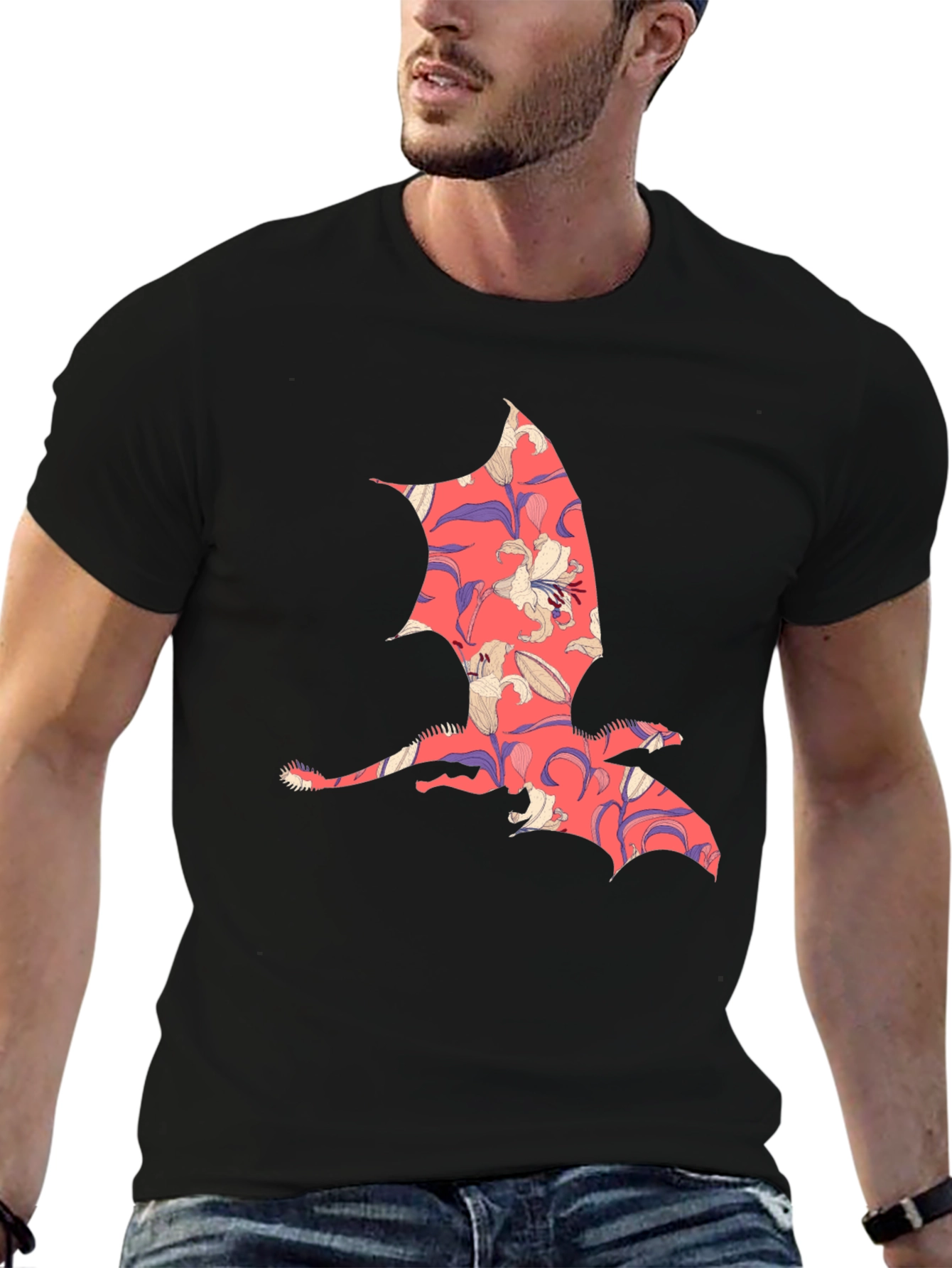 Floral Dragon Print Mens T-Shirt - Unique Design