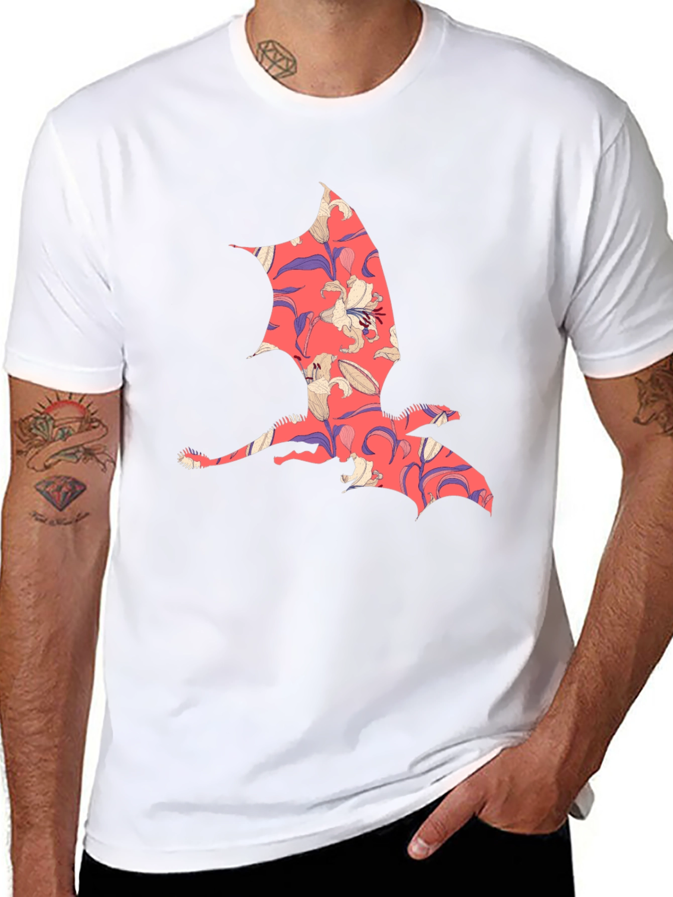 Floral Dragon Print Mens T-Shirt - Unique Design