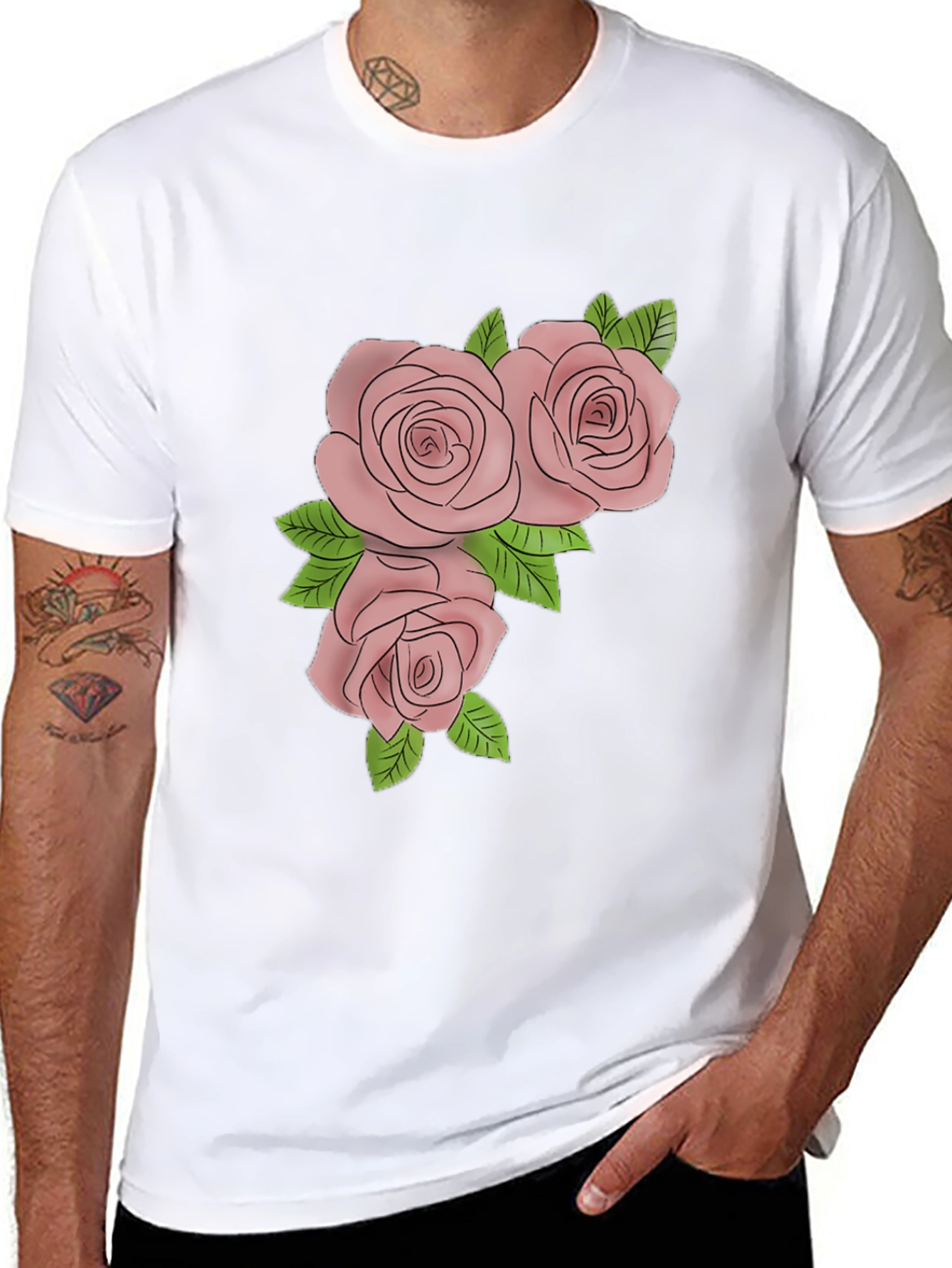 Mens Black T-Shirt with Rose Graphic