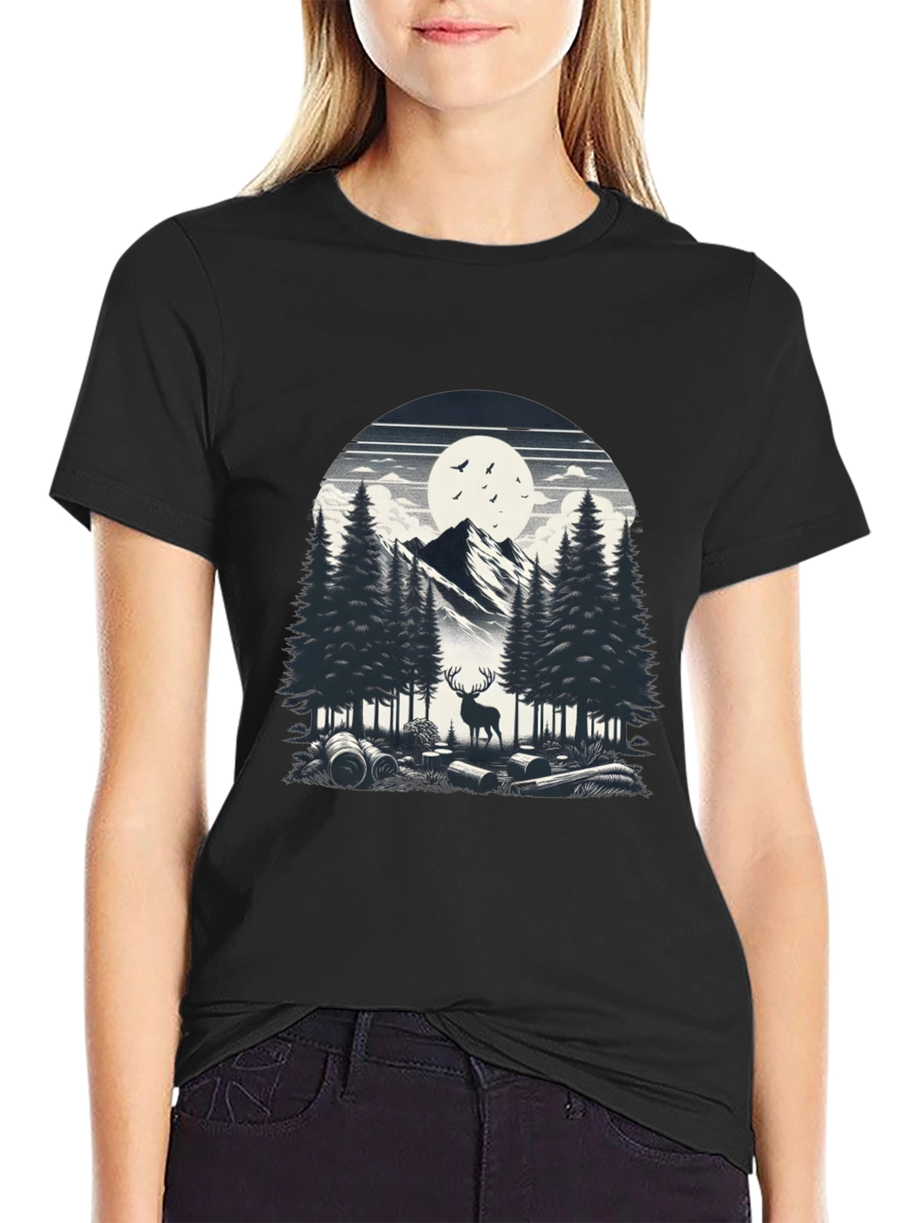 Nature Scene Graphic Tee - Deer & Mountain