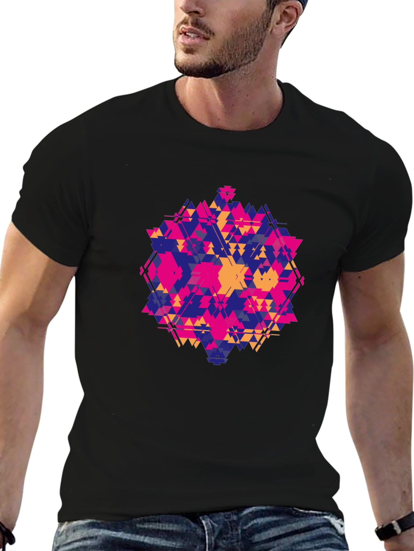 Geometric Triangle Pattern Black T-Shirt