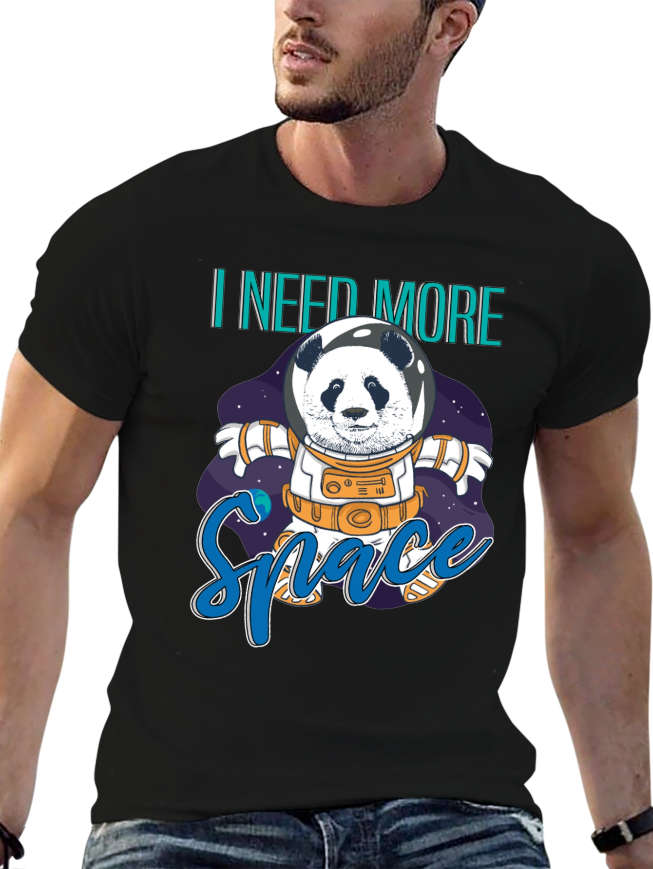 Panda Astronaut I Need More Space Black T-Shirt