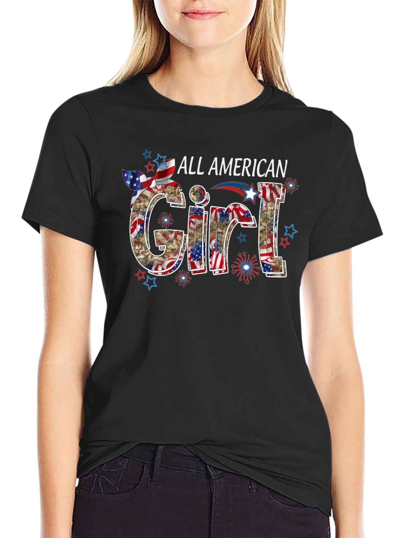 All American Girl Graphic Tee Patriotic USA Flag