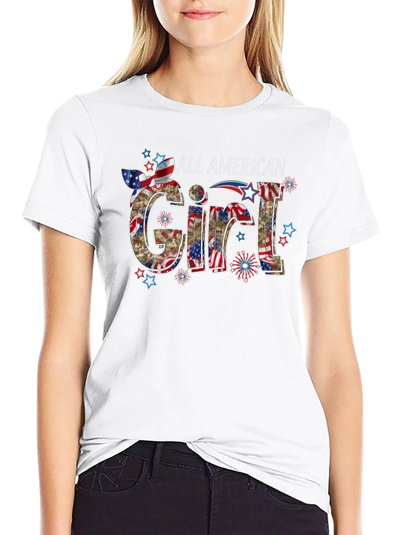 All American Girl Graphic Tee Patriotic USA Flag