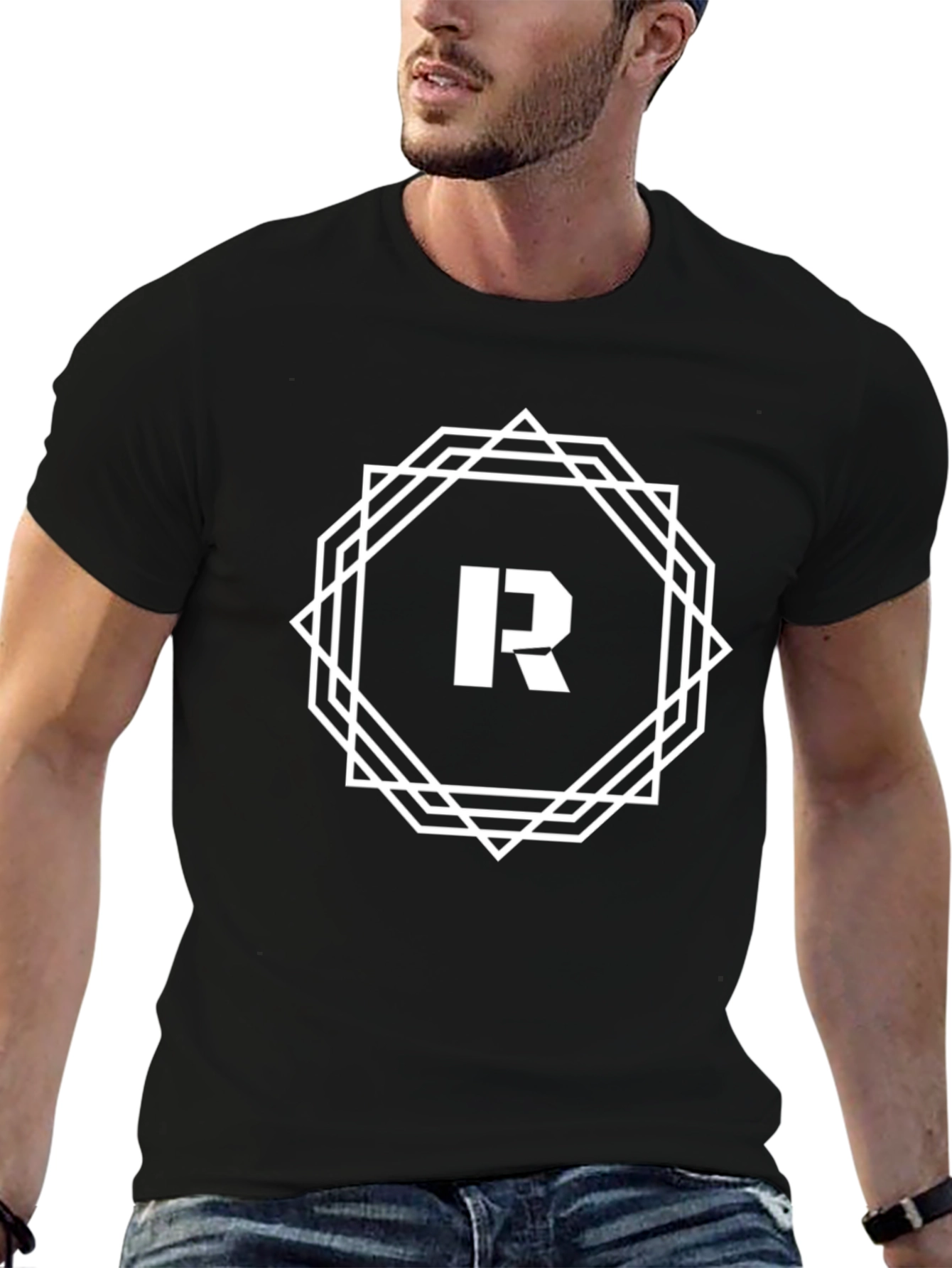 Modern Geometric R Graphic Black T-Shirt