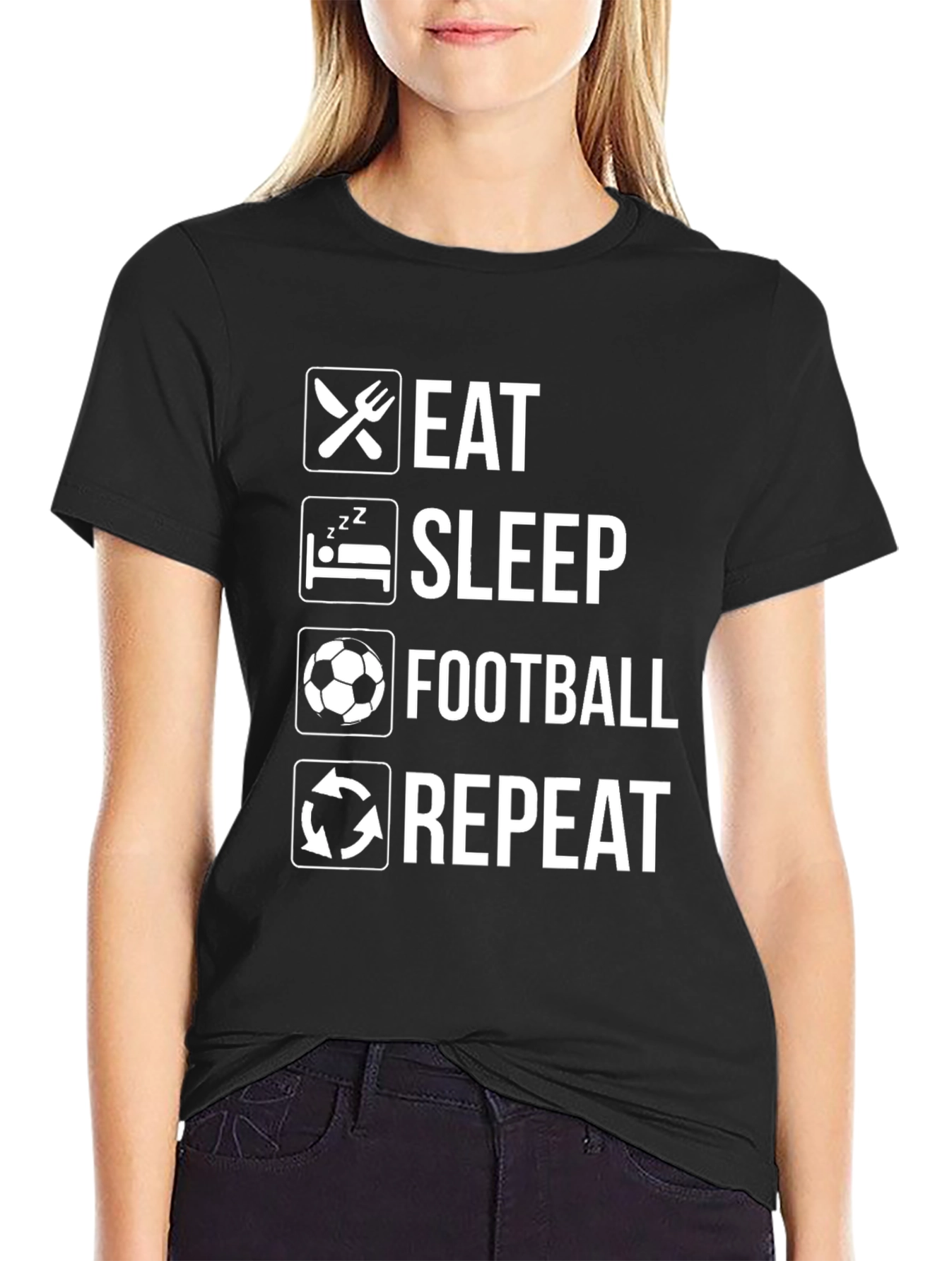 Eat Sleep Football Repeat Black Graphic T-Shirt