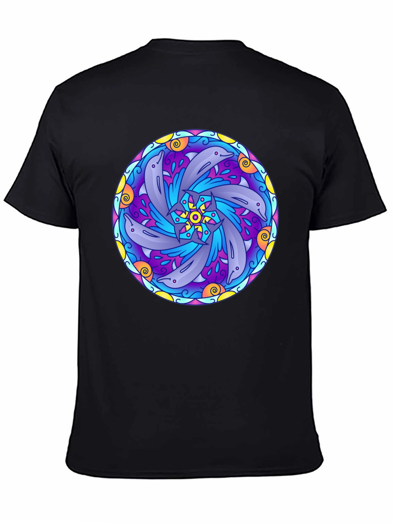 Dolphin Mandala Graphic Tee - Black Cotton T-Shirt
