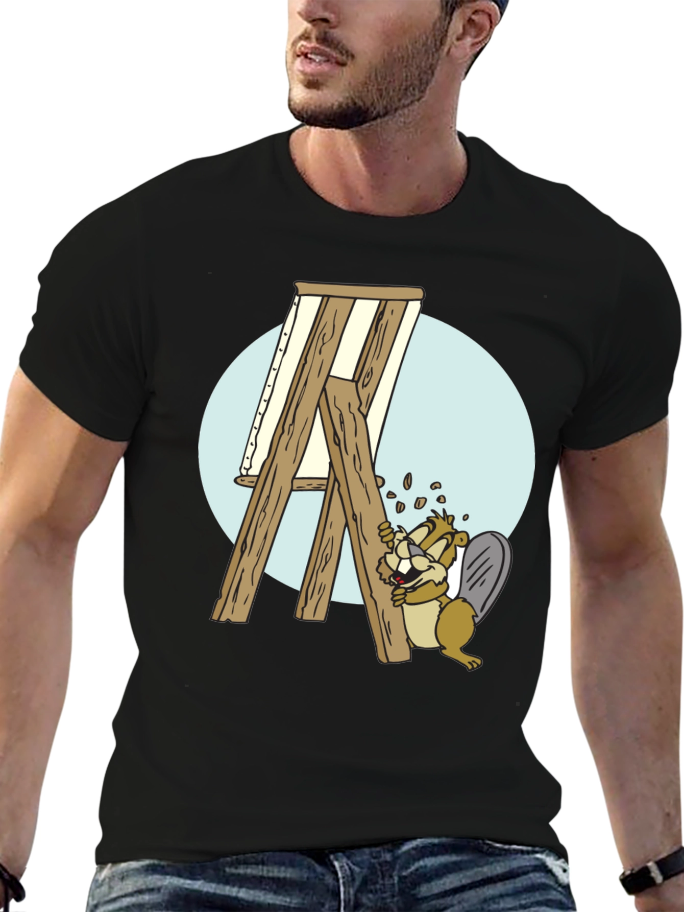 Cartoon Beaver Artist T-Shirt - Black