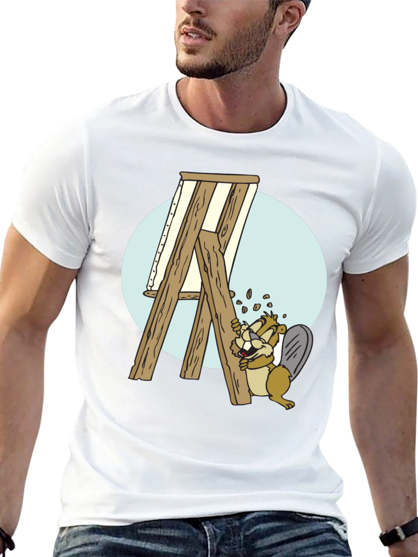 Cartoon Beaver Artist T-Shirt - Black