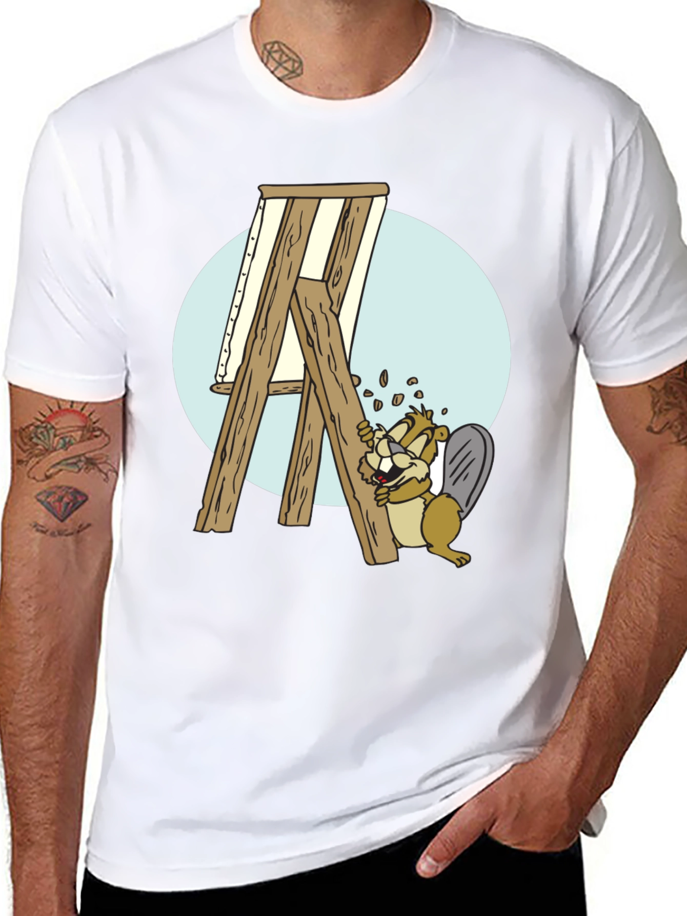 Cartoon Beaver Artist T-Shirt - Black