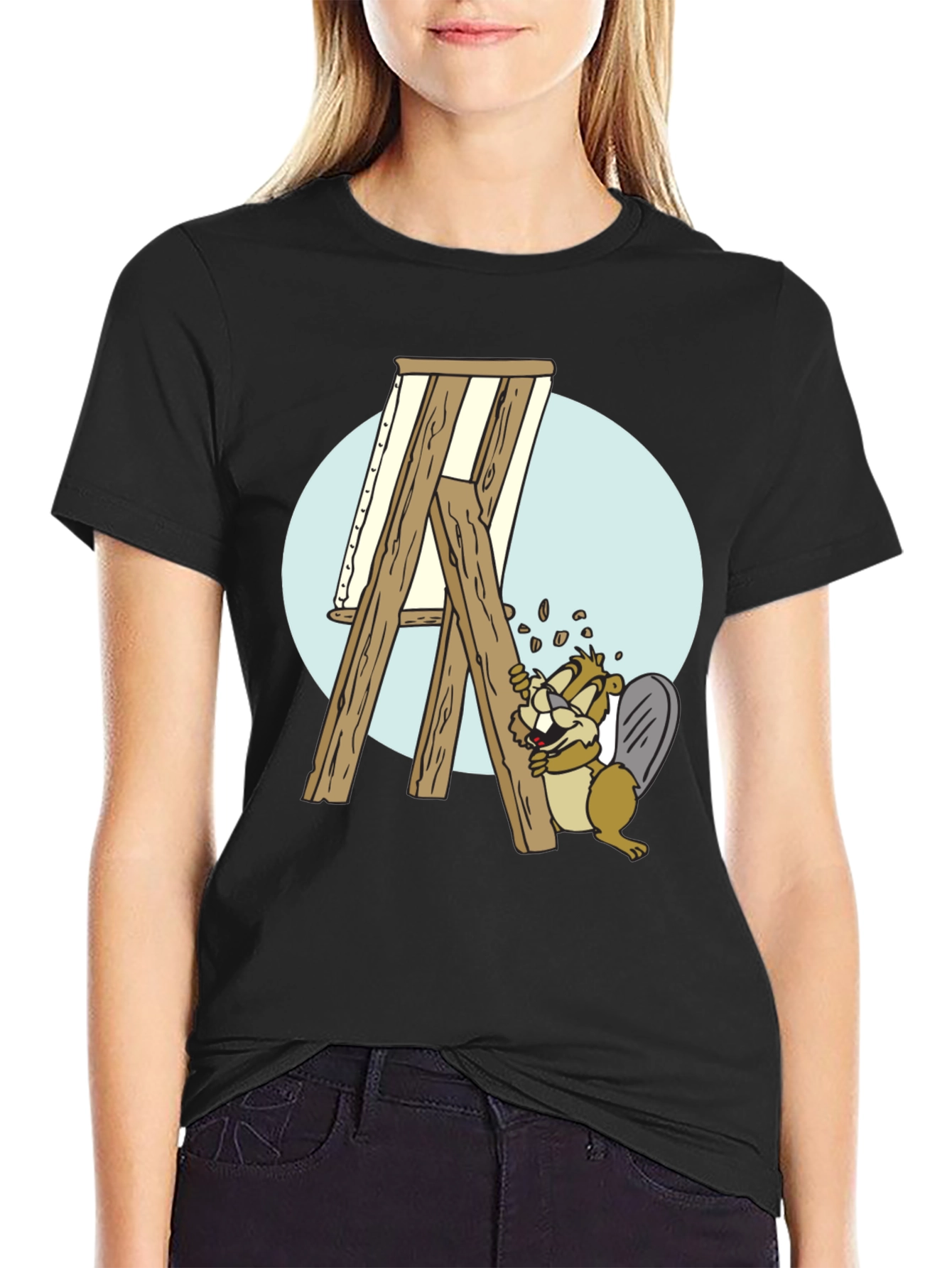 Cartoon Beaver Artist T-Shirt - Black