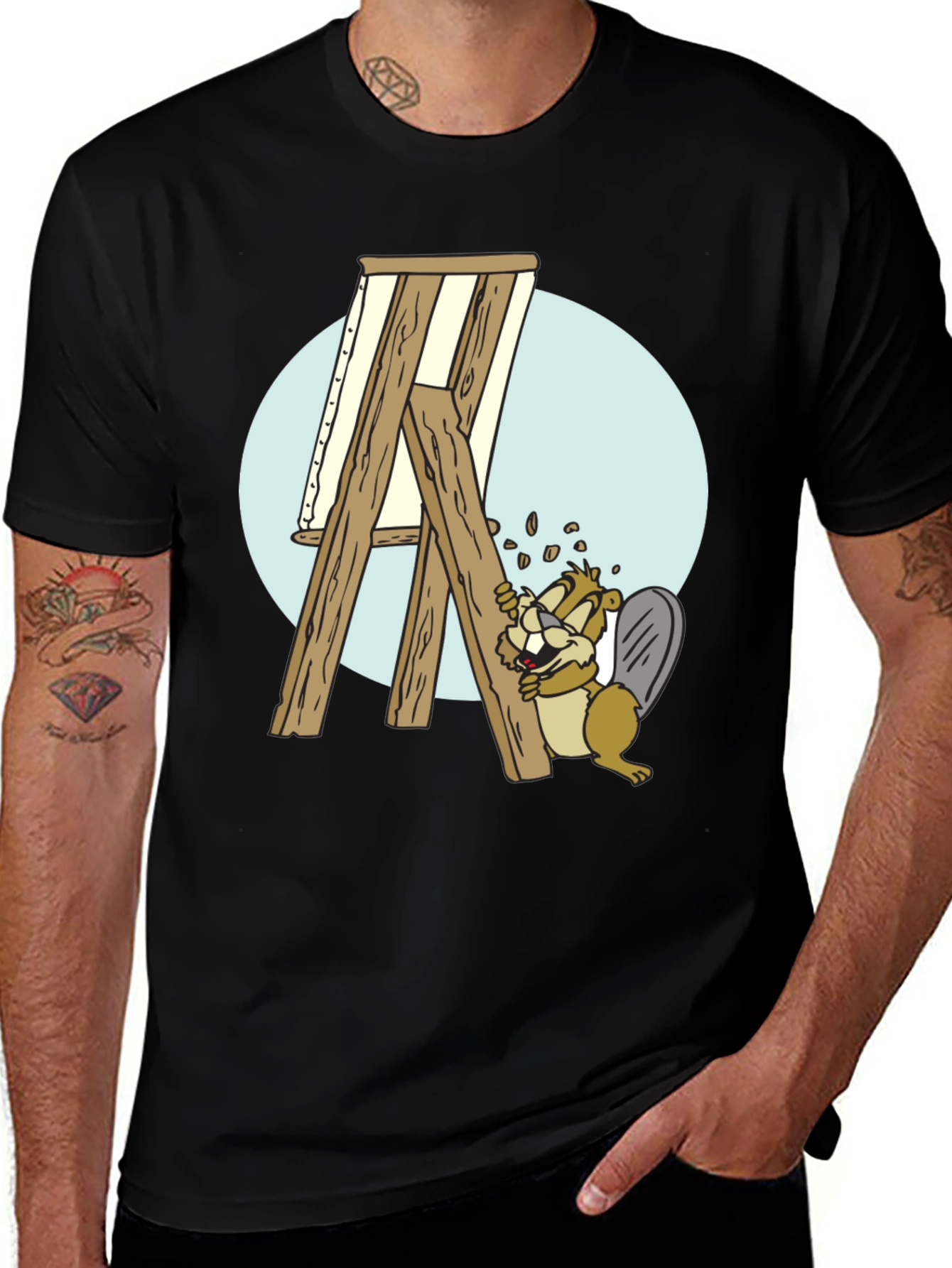 Cartoon Beaver Artist T-Shirt - Black