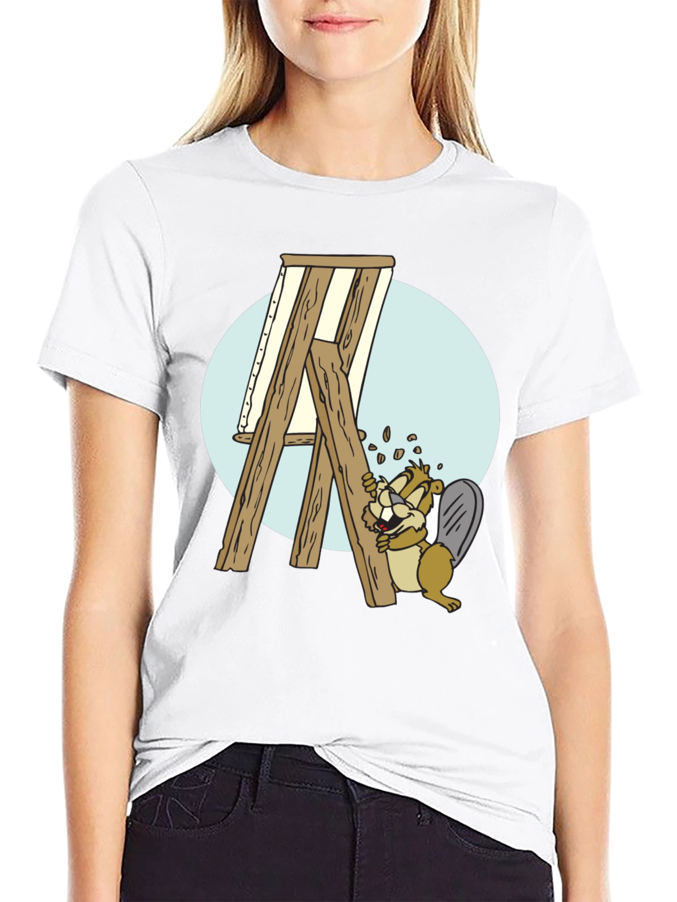 Cartoon Beaver Artist T-Shirt - Black