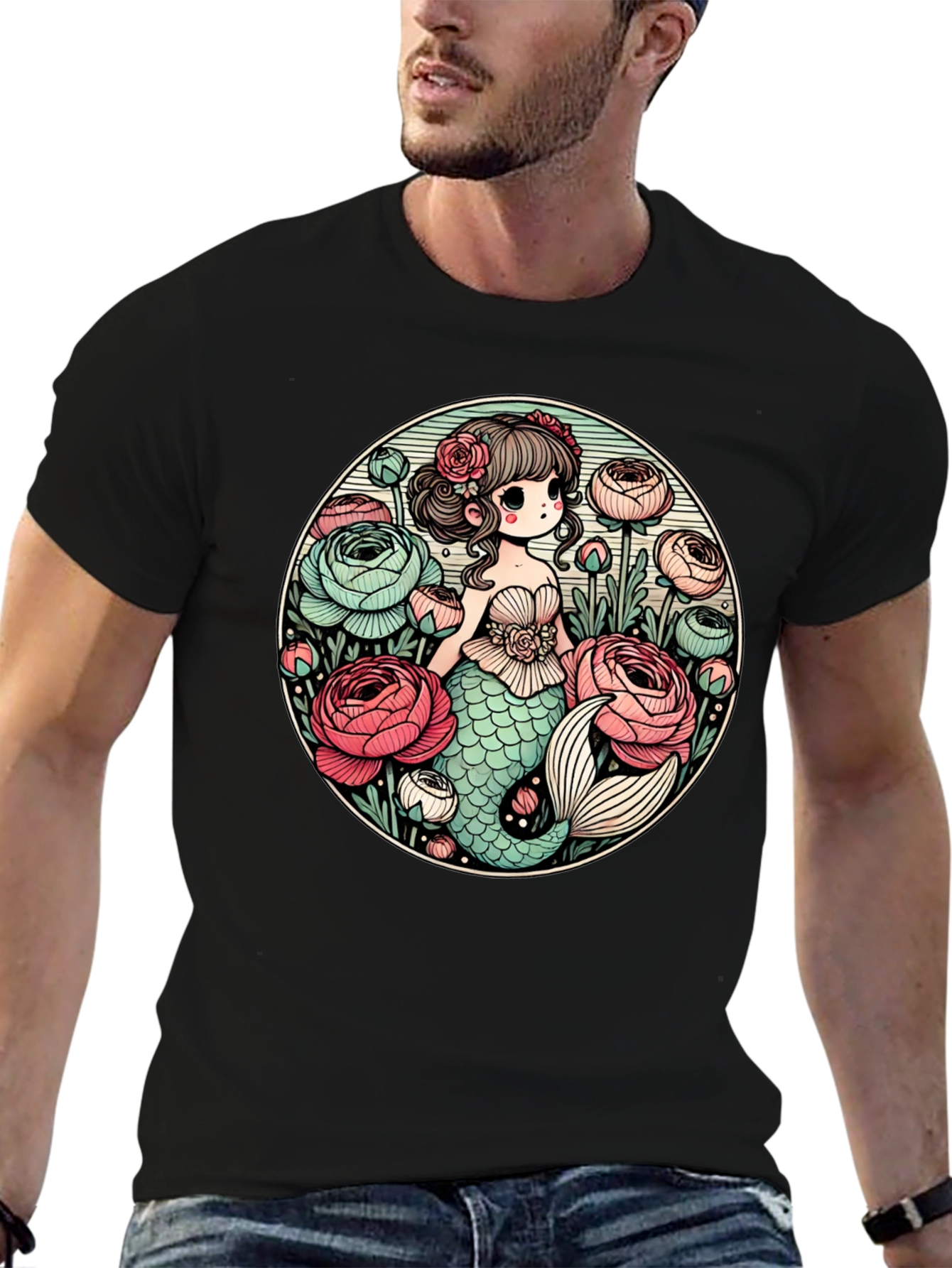 Mermaid & Flowers Graphic Tee - Black