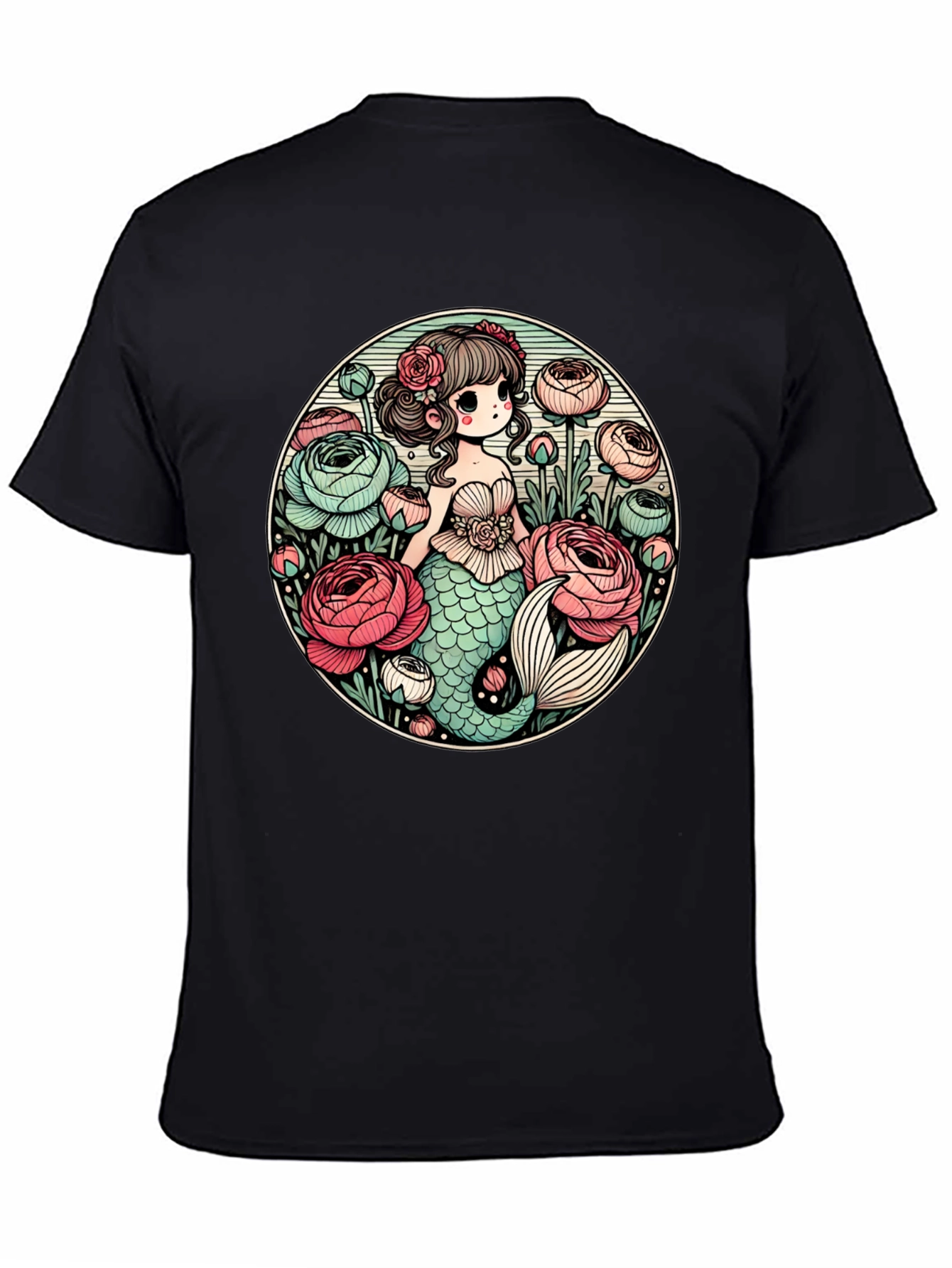 Mermaid & Flowers Graphic Tee - Black