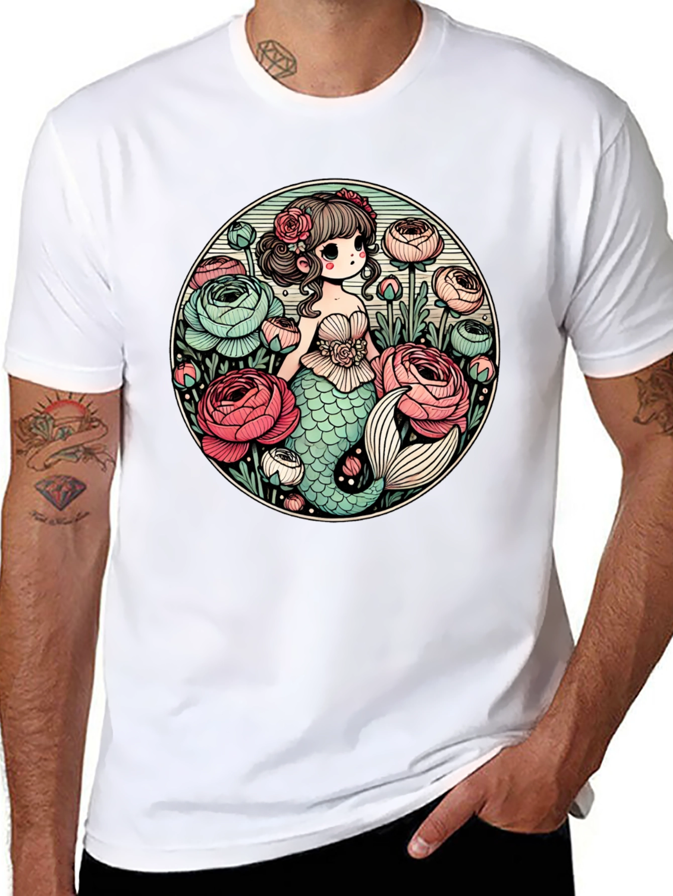 Mermaid & Flowers Graphic Tee - Black