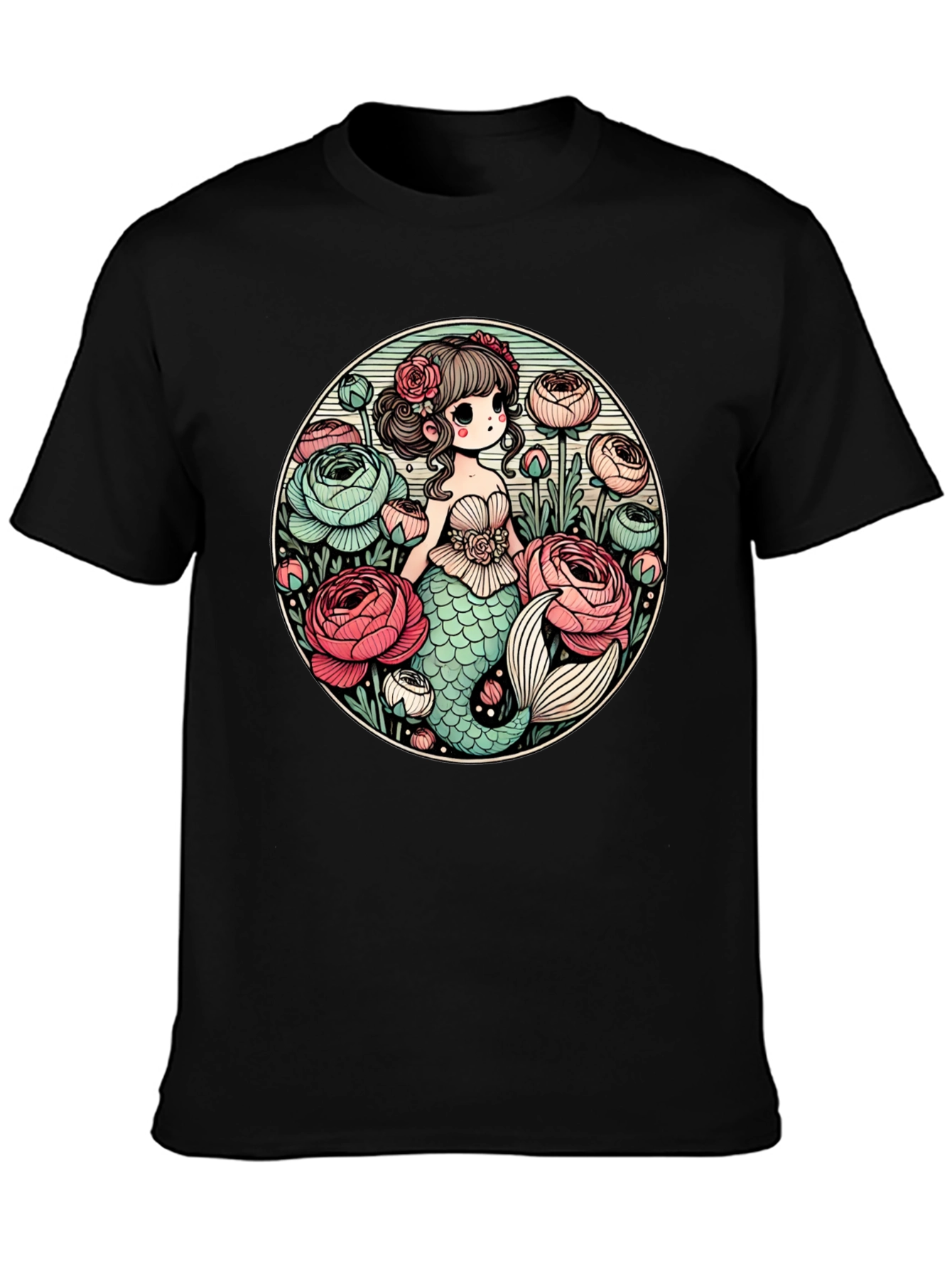Mermaid & Flowers Graphic Tee - Black